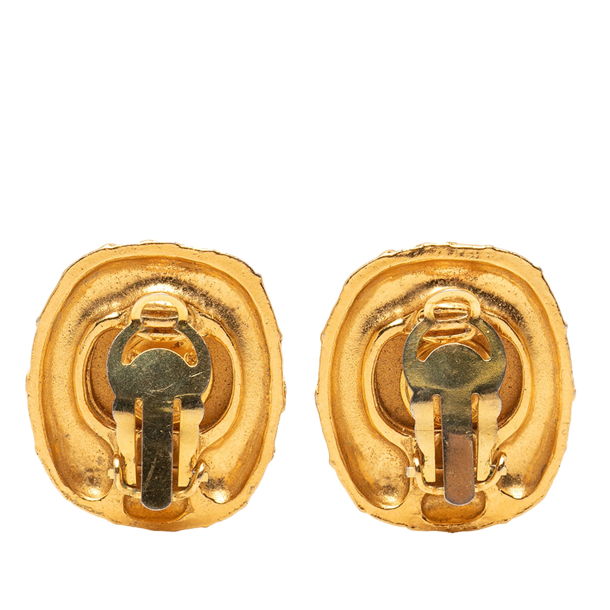 Chanel Gold Plated Quilted Large Crystal Clip On Earrings