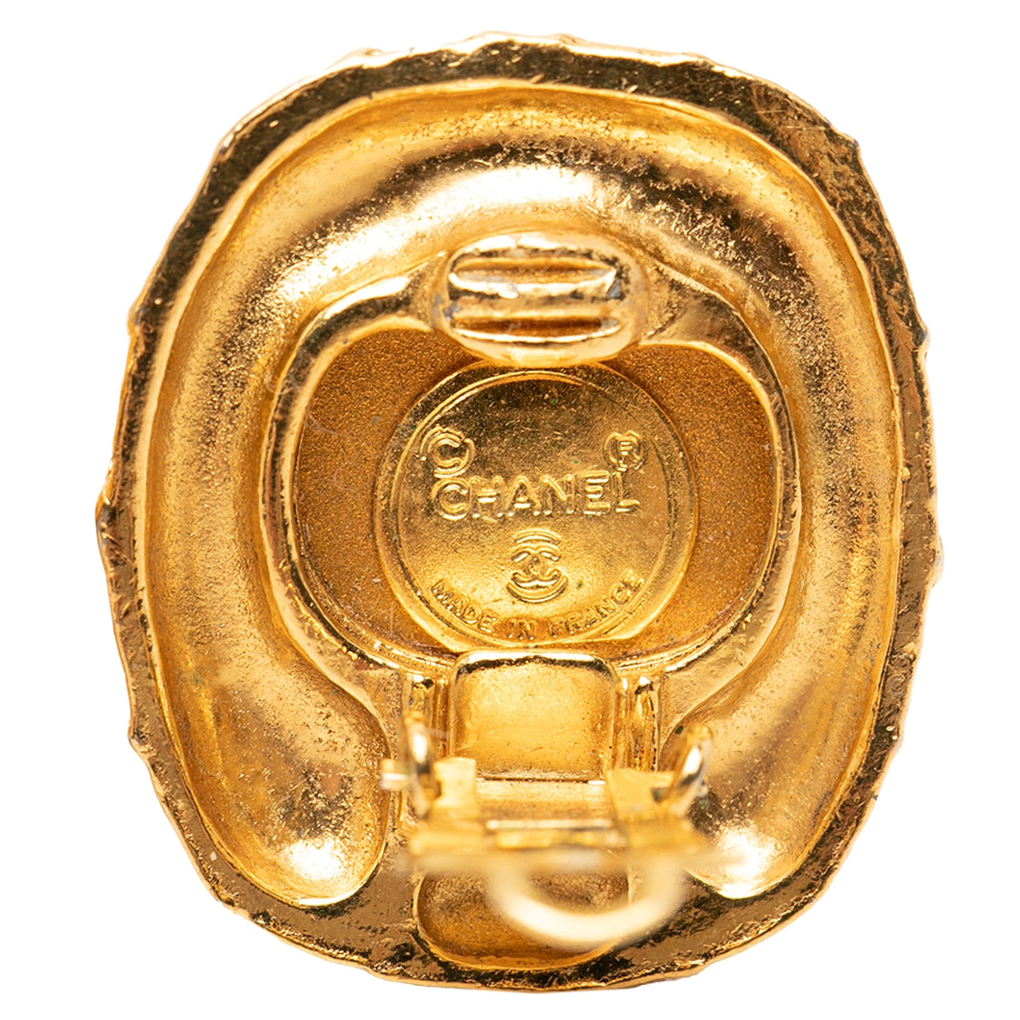 Chanel Gold Plated Quilted Large Crystal Clip On Earrings