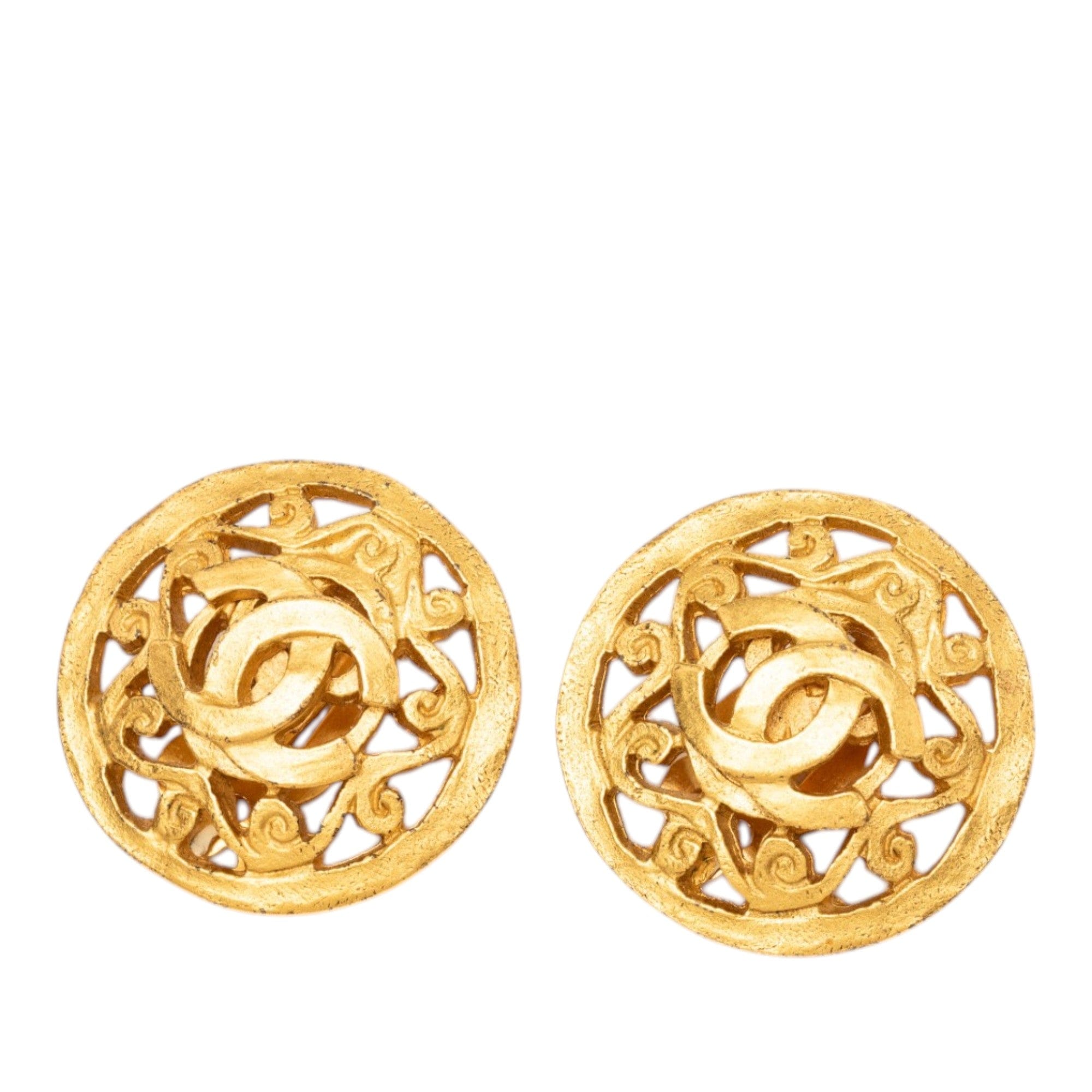Chanel CC Gold Plated Arabesque Round Clip On Earrings