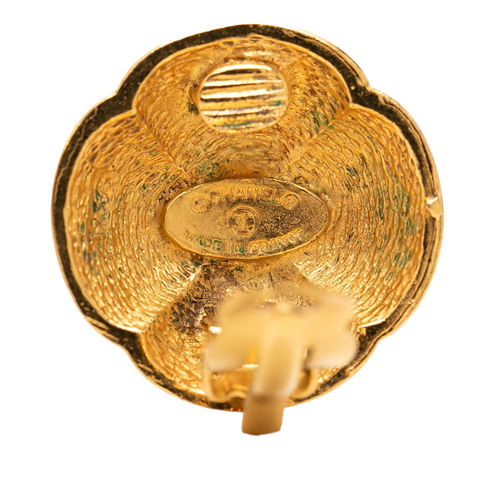 Chanel CC Gold Plated Camelia Dome Clip On Earrings