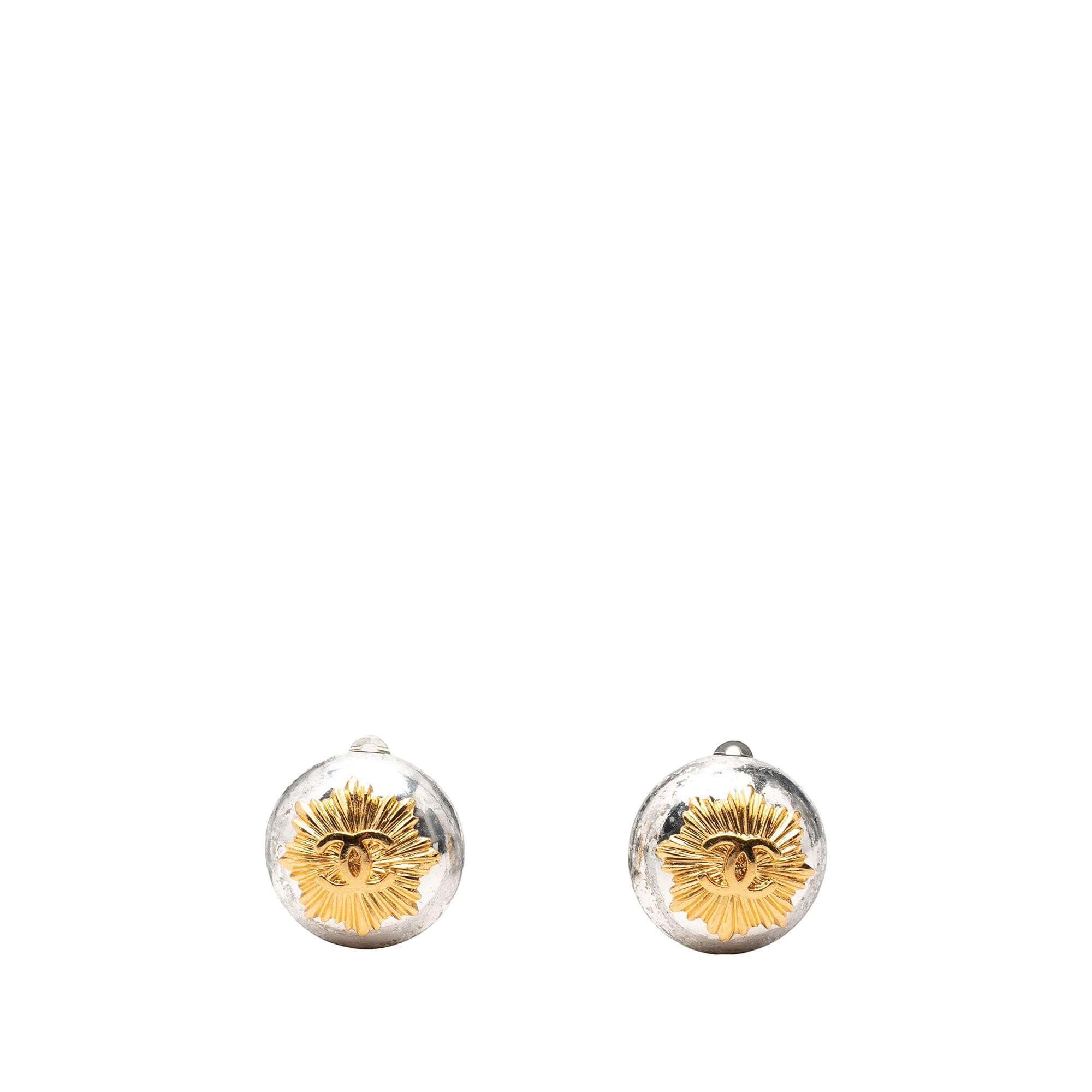 Chanel CC Brass and Gold Plated Sunburst Round Clip On Earrings