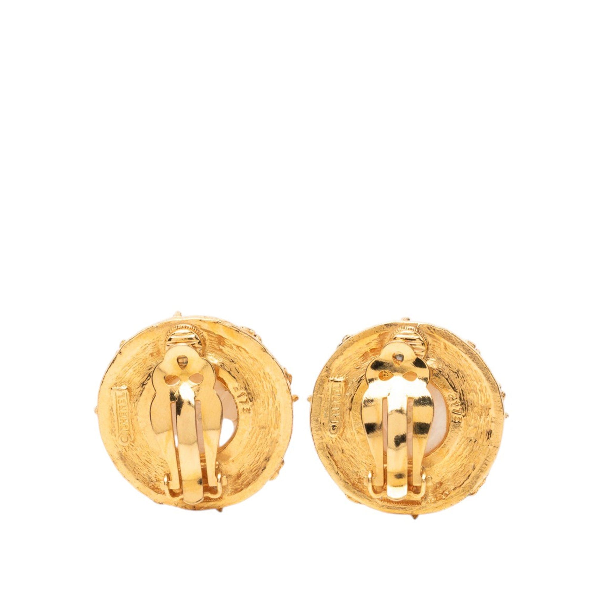 Chanel Gold Plated Strass and Faux Pearl Camellia Clip On Earrings