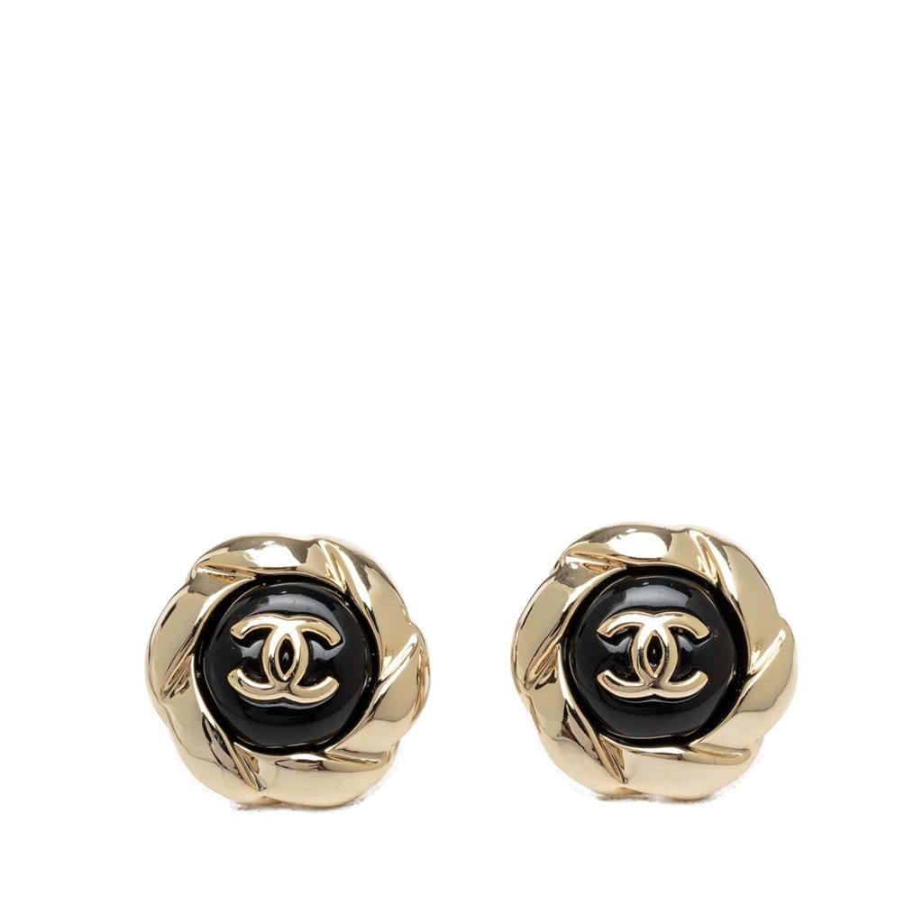 Chanel CC Gold Plated Camellia Push Back Earrings