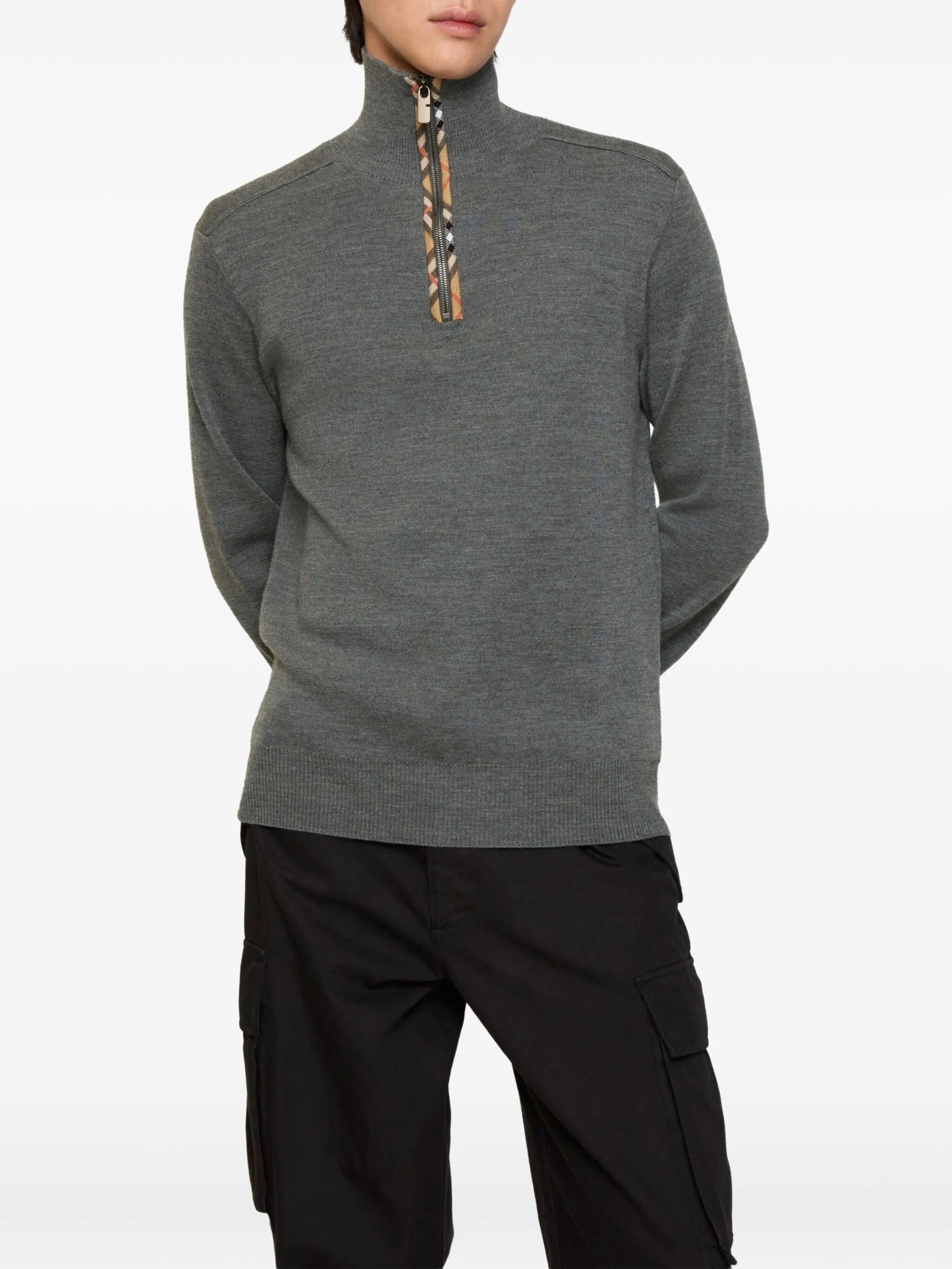 Burberry Check - trim half - zip sweater