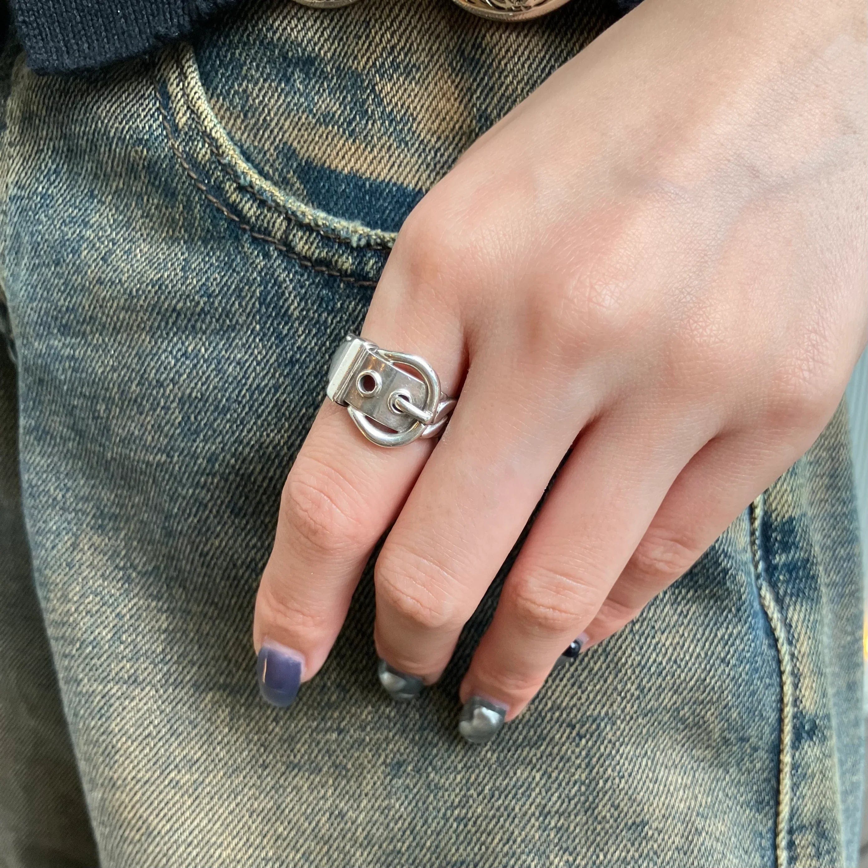 Hermes 1980s Boucle Sellier Ring Silver #53