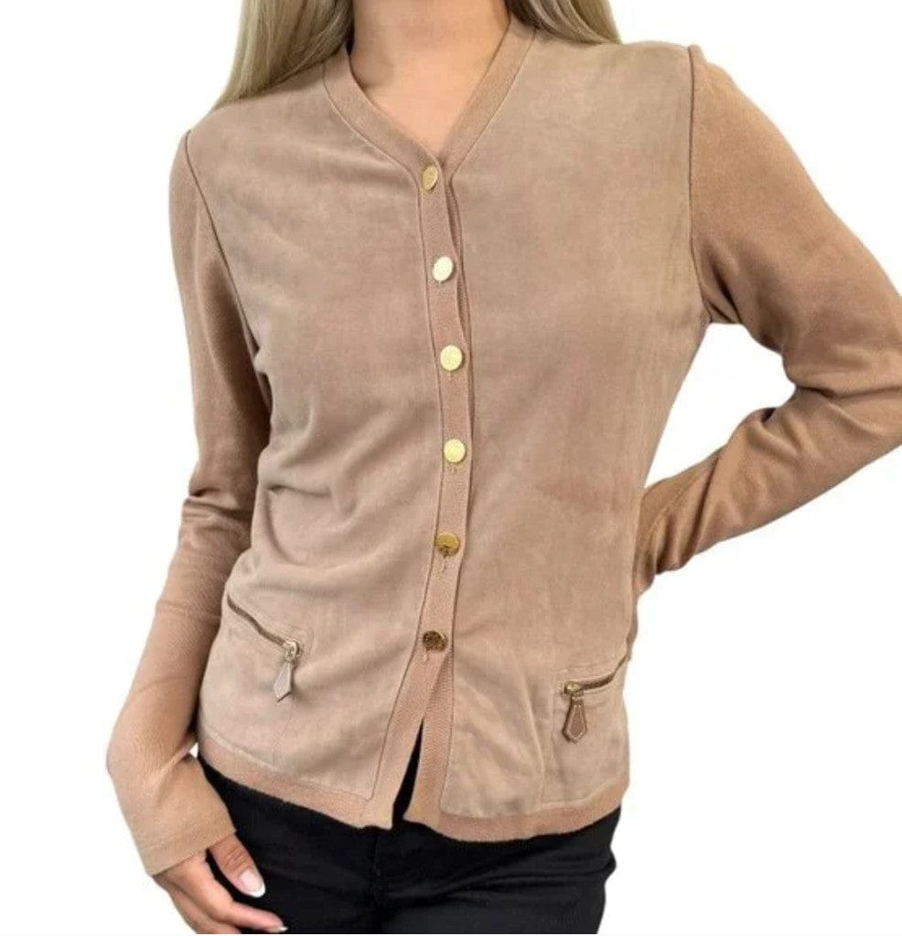 HERMES Vintage Sellier Button Cardigan #M Light Brown Gold Cotton Nubuck