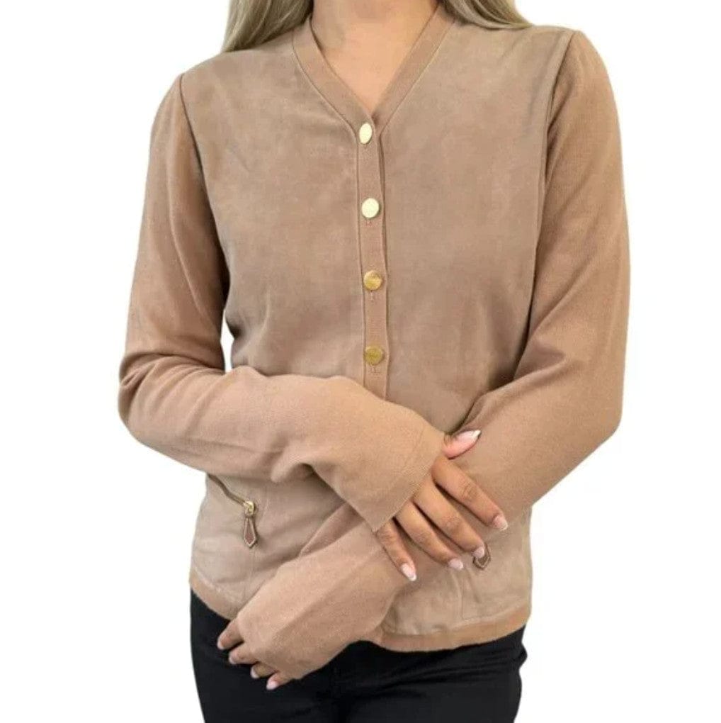 HERMES Vintage Sellier Button Cardigan #M Light Brown Gold Cotton Nubuck