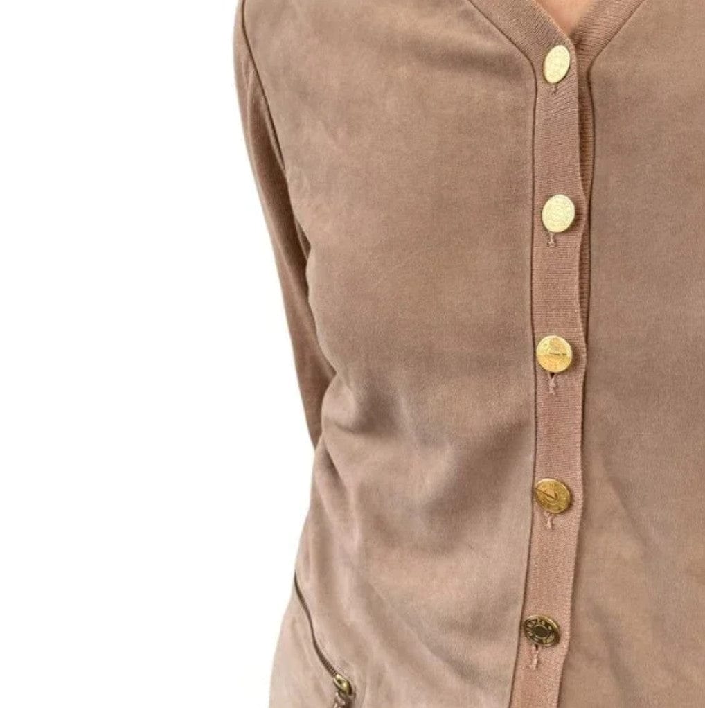 HERMES Vintage Sellier Button Cardigan #M Light Brown Gold Cotton Nubuck