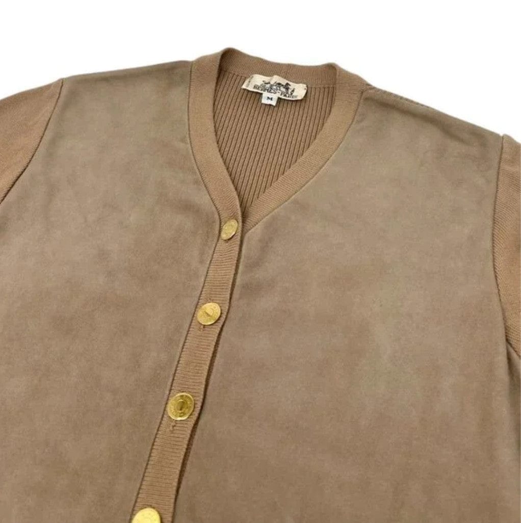 HERMES Vintage Sellier Button Cardigan #M Light Brown Gold Cotton Nubuck