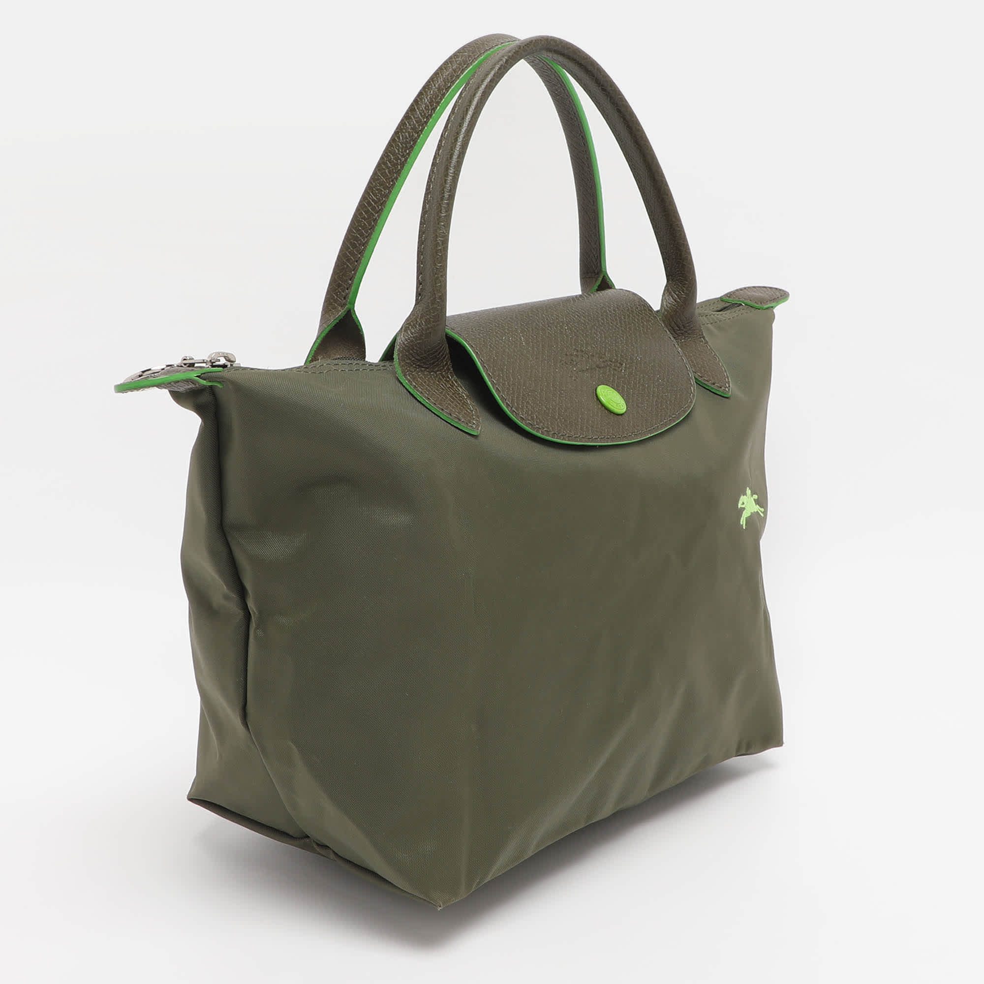 Longchamp Green Nylon And Leather Small Short Le Pliage Tote