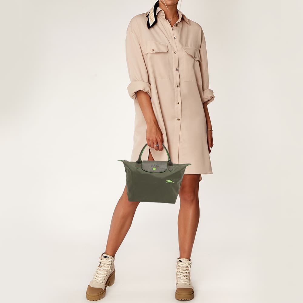 Longchamp Green Nylon And Leather Small Short Le Pliage Tote