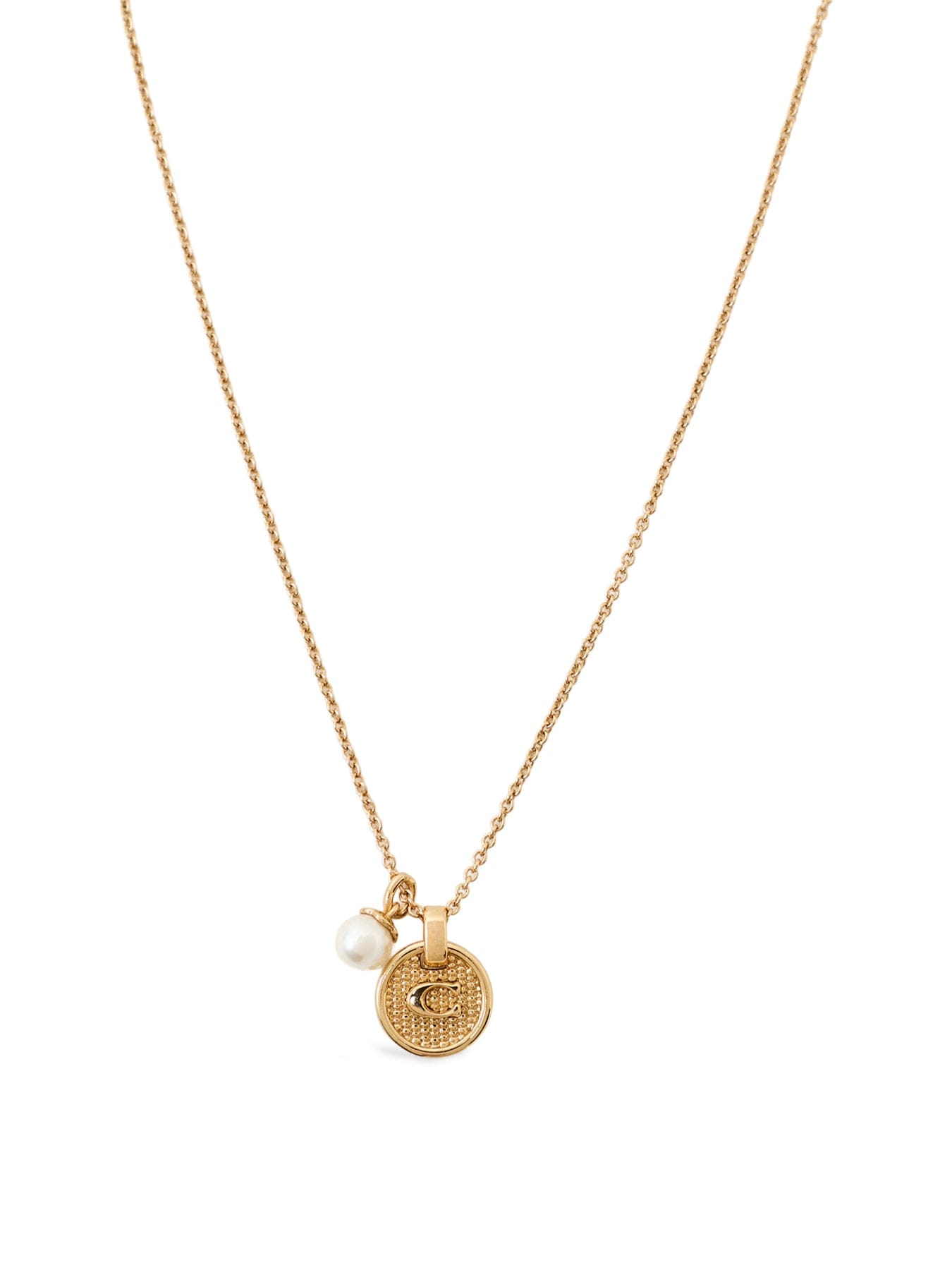Coach Textured C Pearl Short Pendant Necklace Gold