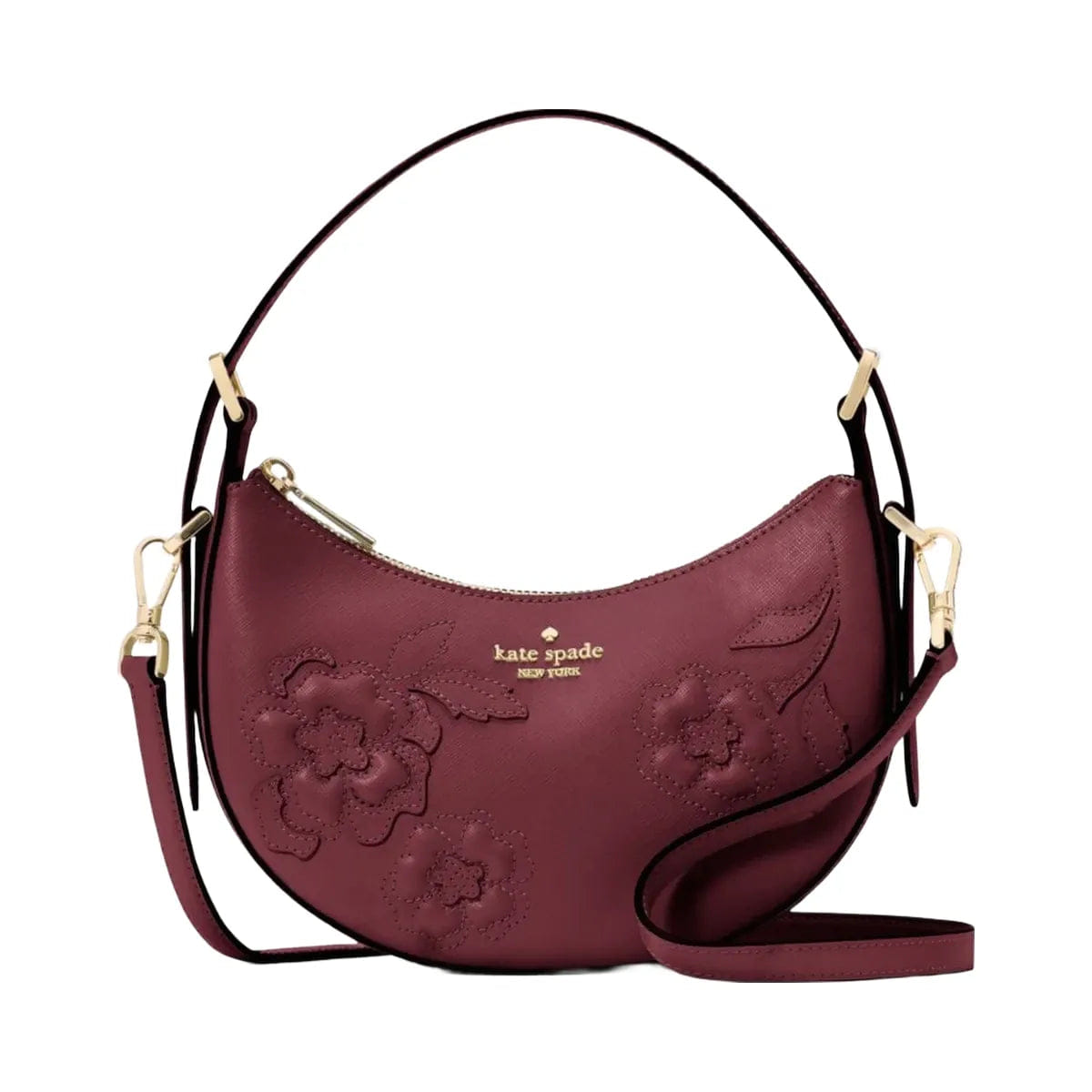Kate Spade Nova Floral Applique Crescent Shoulder Bag Dark Merlot