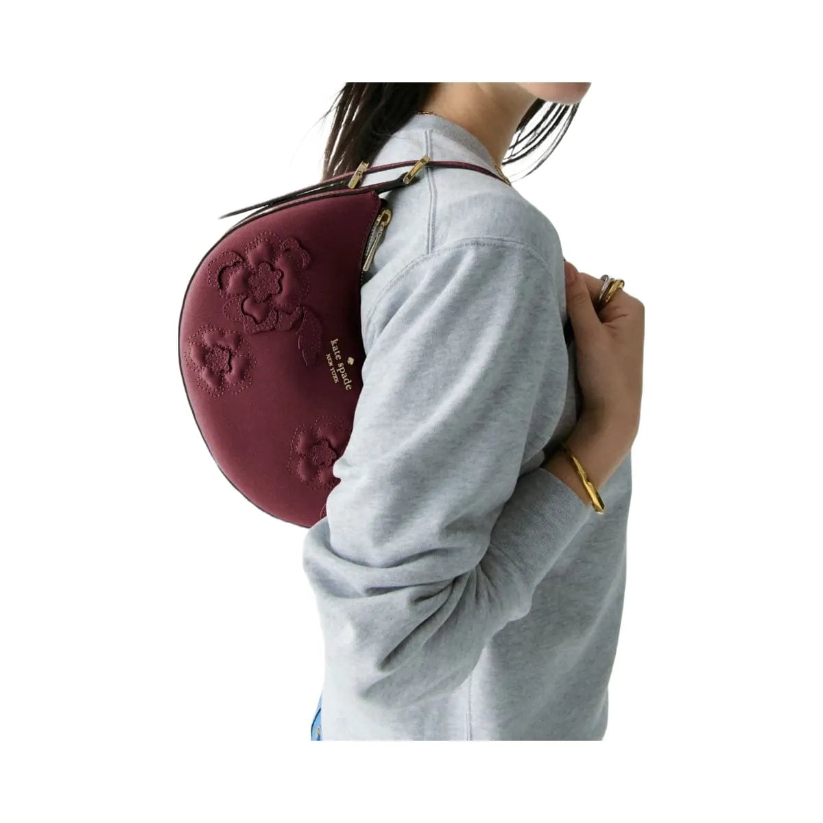 Kate Spade Nova Floral Applique Crescent Shoulder Bag Dark Merlot