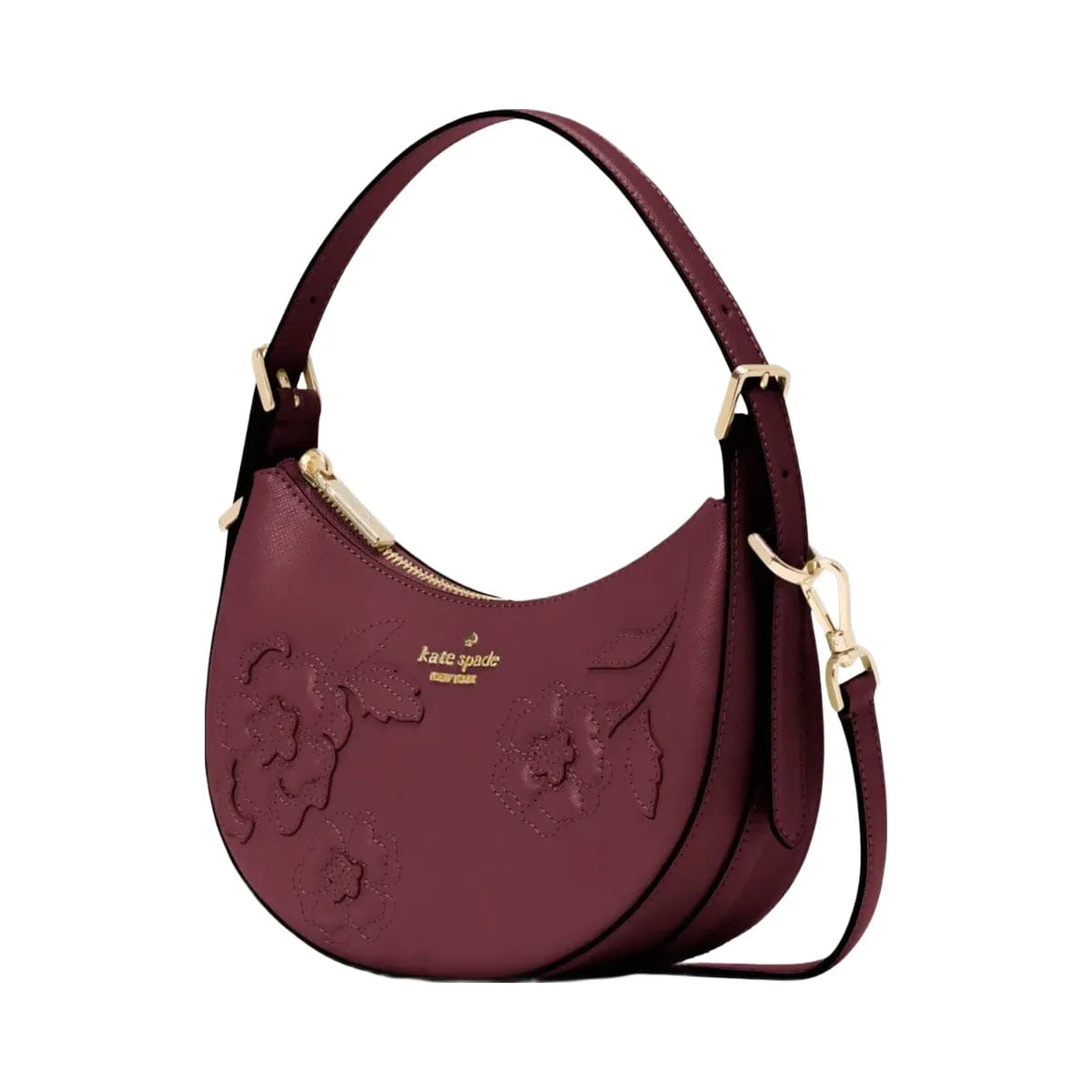 Kate Spade Nova Floral Applique Crescent Shoulder Bag Dark Merlot
