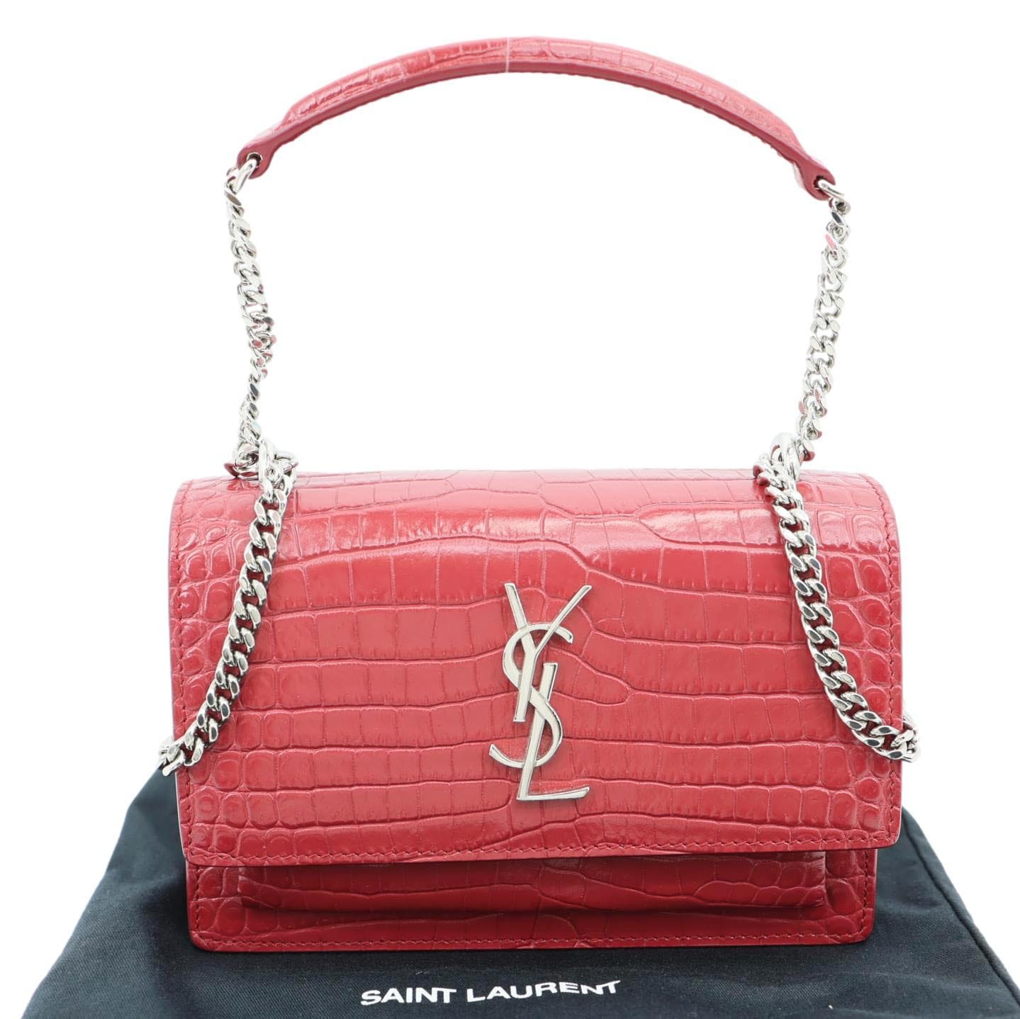 YVES SAINT LAURENT Monogram Sunset Crocodile Embossed Leather Crossbody Bag Red