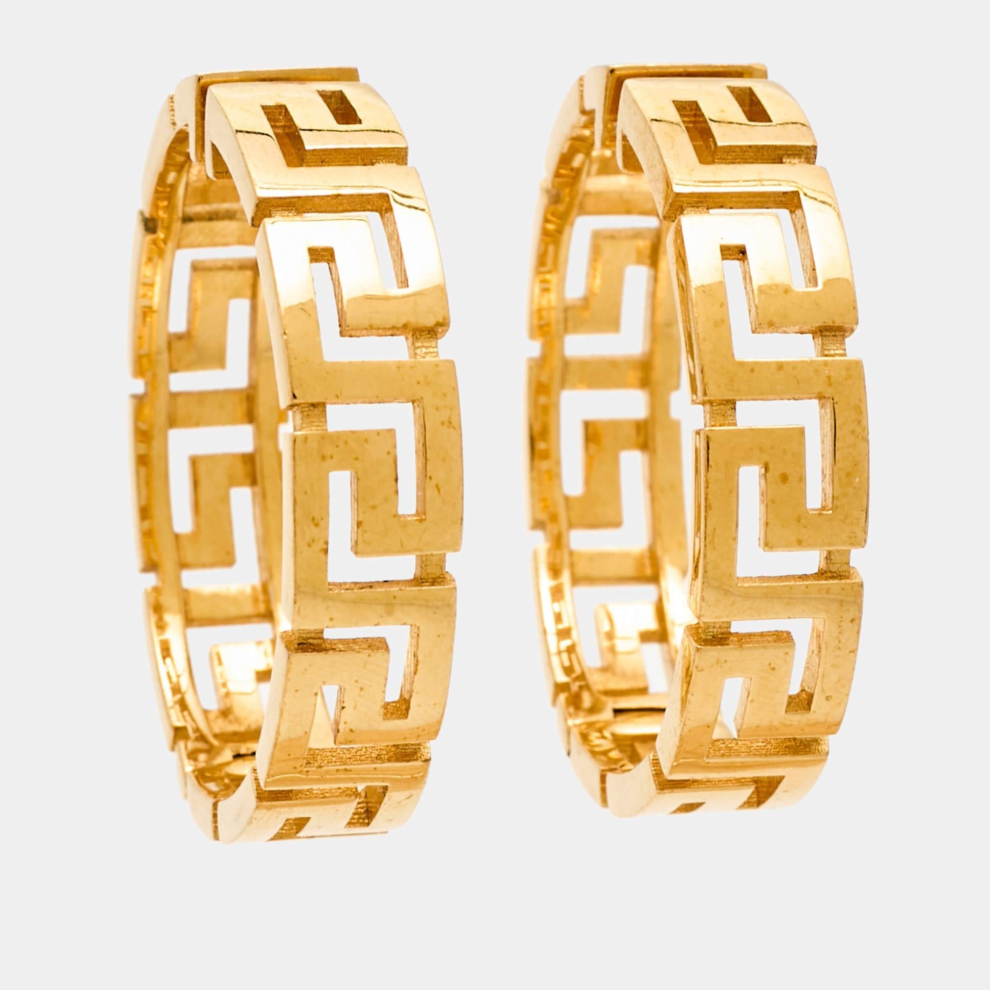Versace Greca Gold Tone Hoop Earrings
