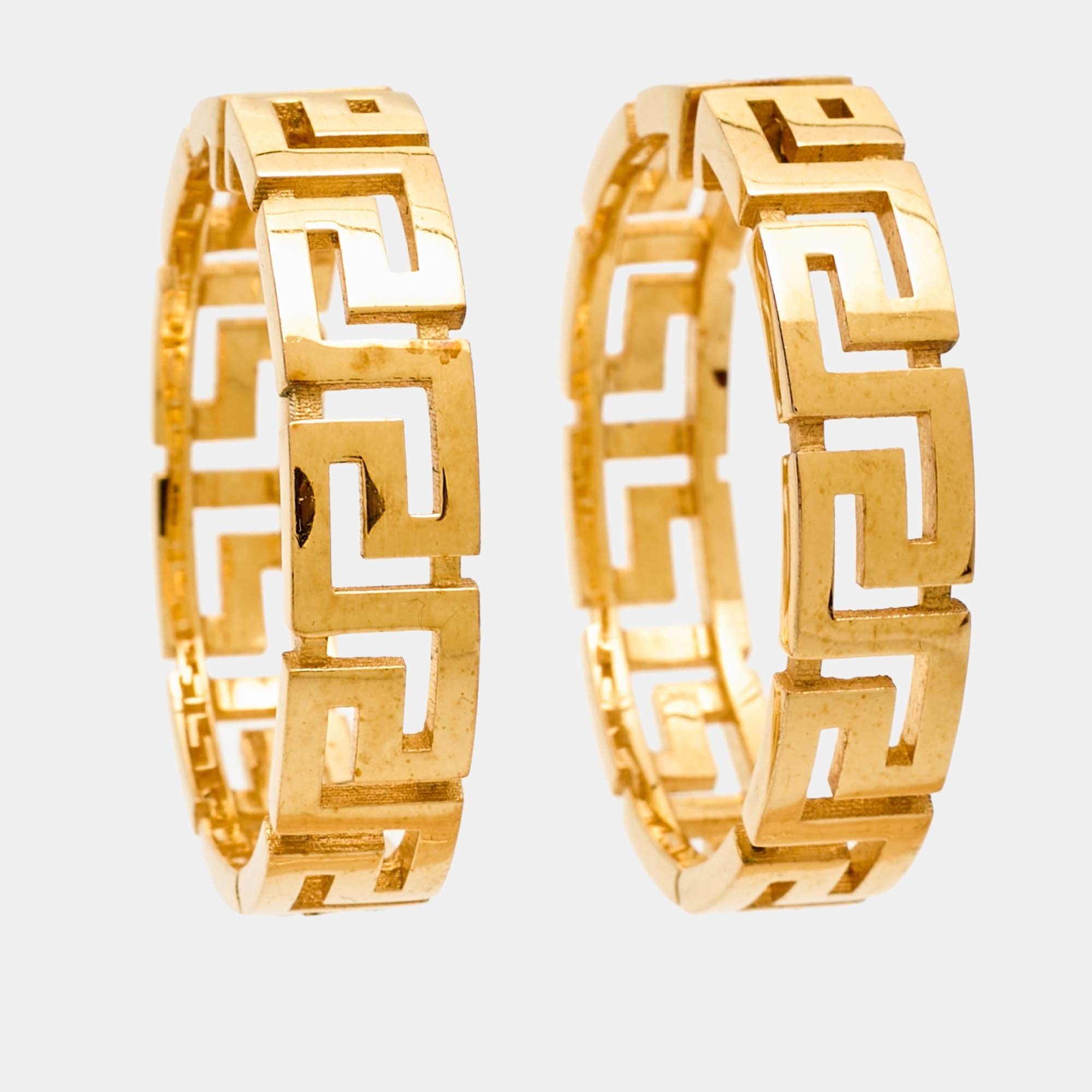 Versace Greca Gold Tone Hoop Earrings