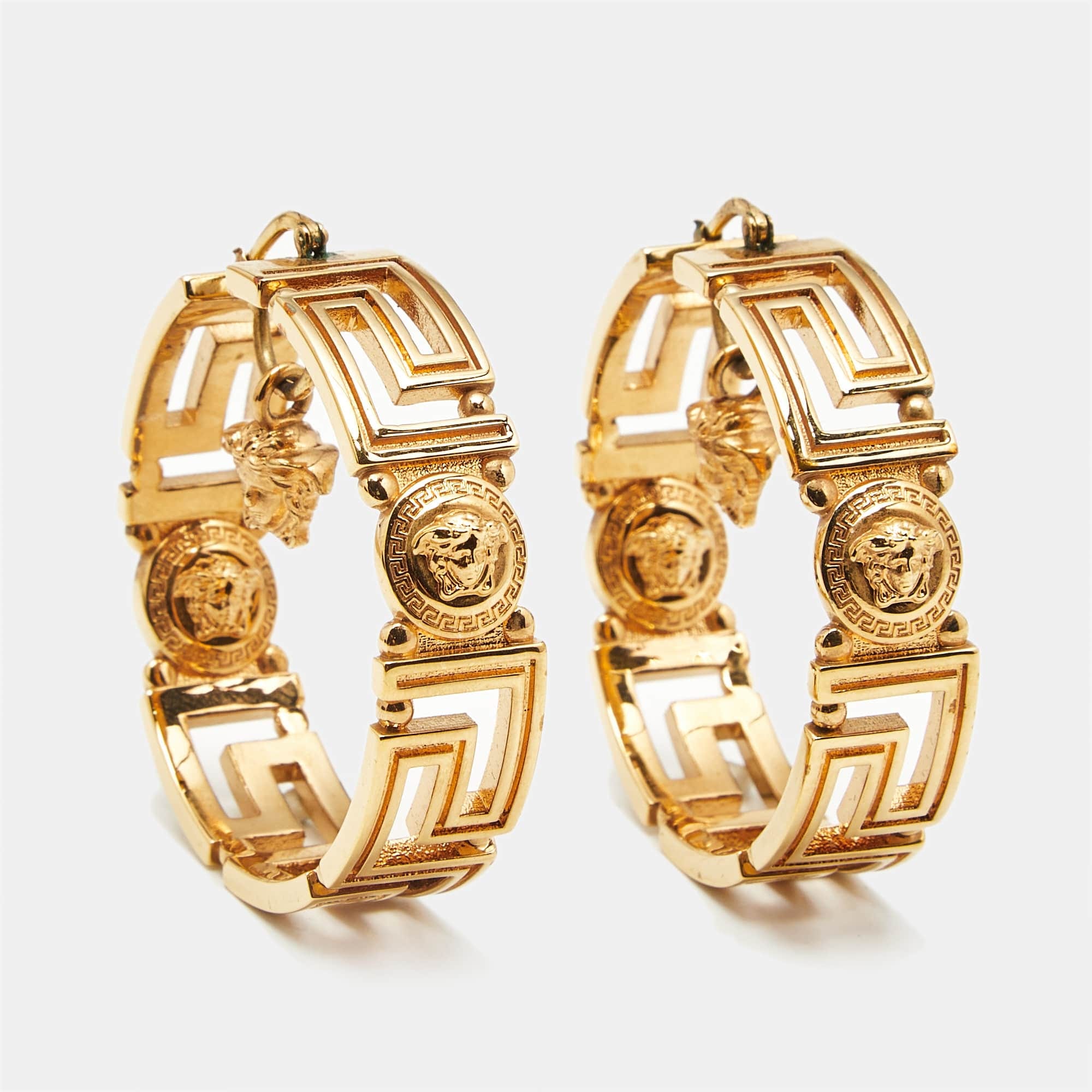 Versace Medusa Greca Gold Tone Hoop Earrings