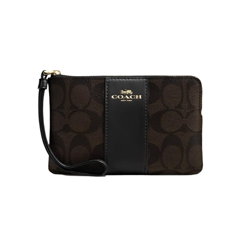Coach Corner Zip Wristlet In Signature Canvas Brown/Black