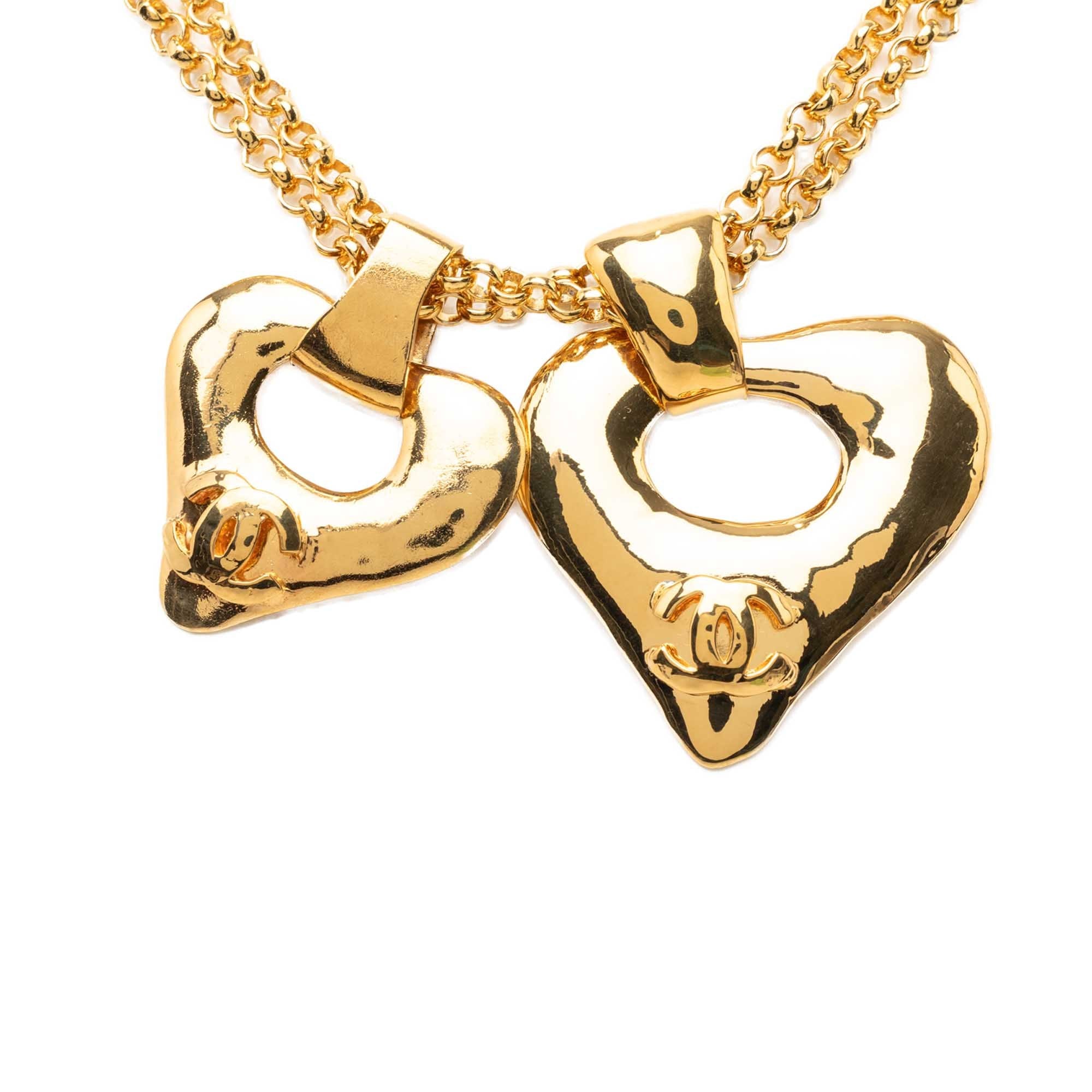 Chanel CC Gold Plated Double Heart Pendant Necklace