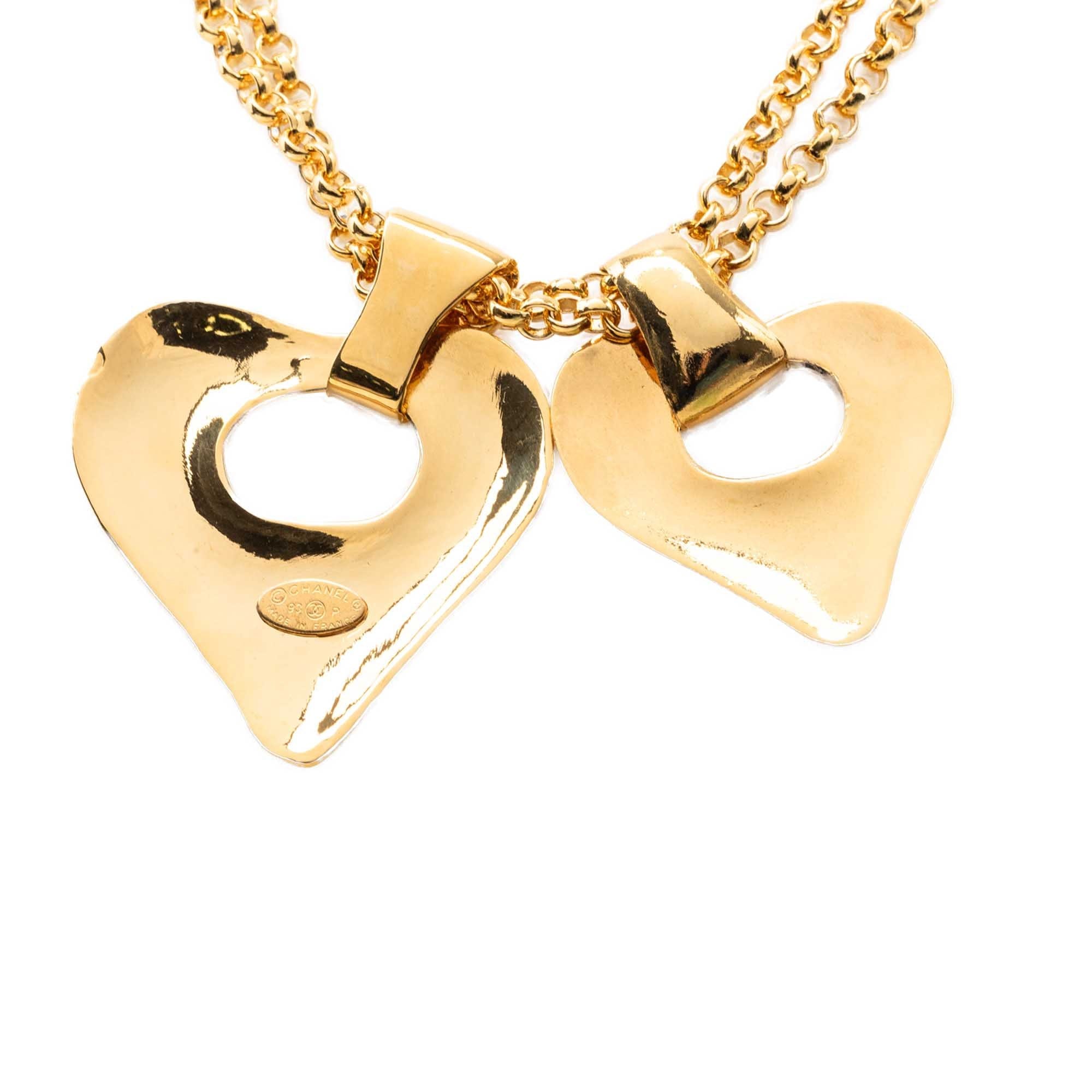 Chanel CC Gold Plated Double Heart Pendant Necklace