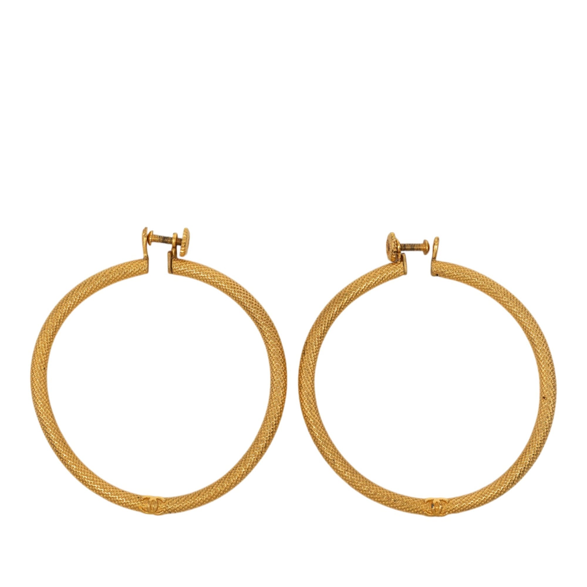 Chanel CC Gold Plated Textured Hoop Screw Back Earrings