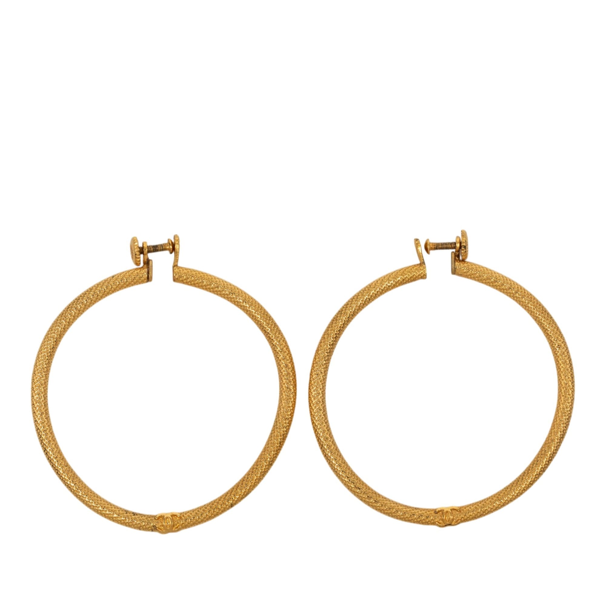 Chanel CC Gold Plated Textured Hoop Screw Back Earrings