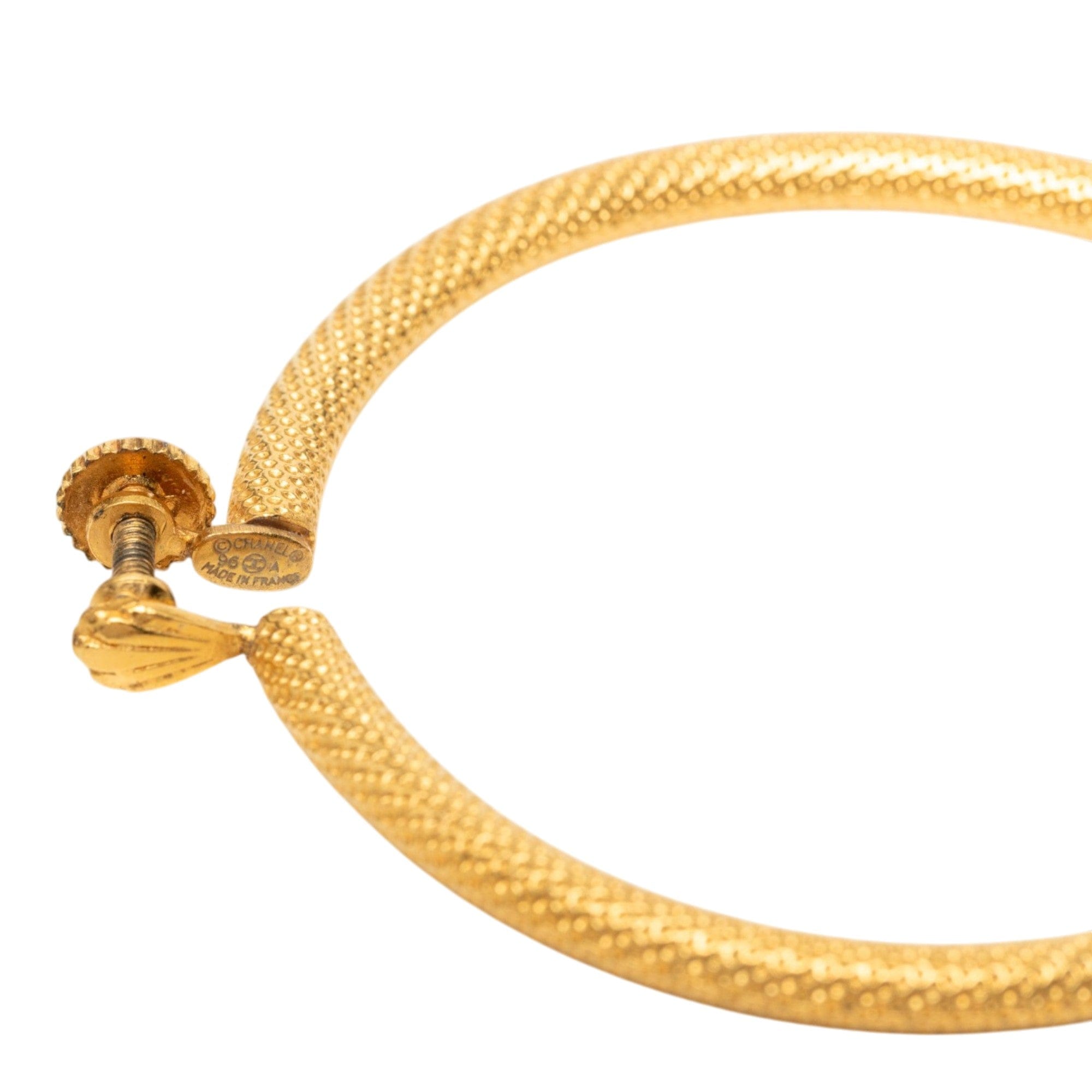 Chanel CC Gold Plated Textured Hoop Screw Back Earrings