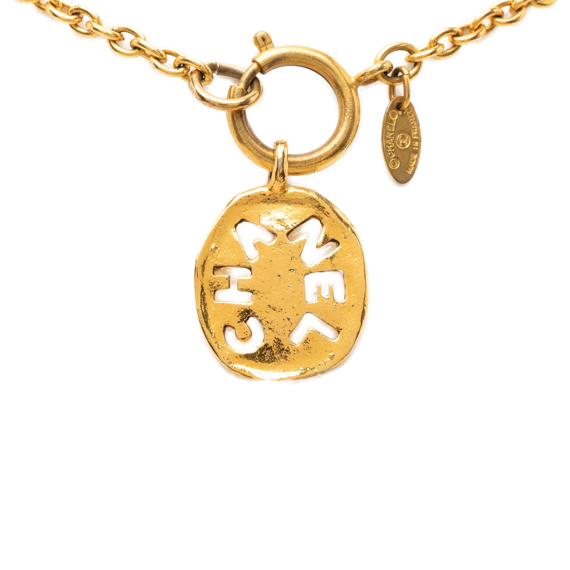 Chanel Gold Plated Cut Out Logo Pendant Necklace