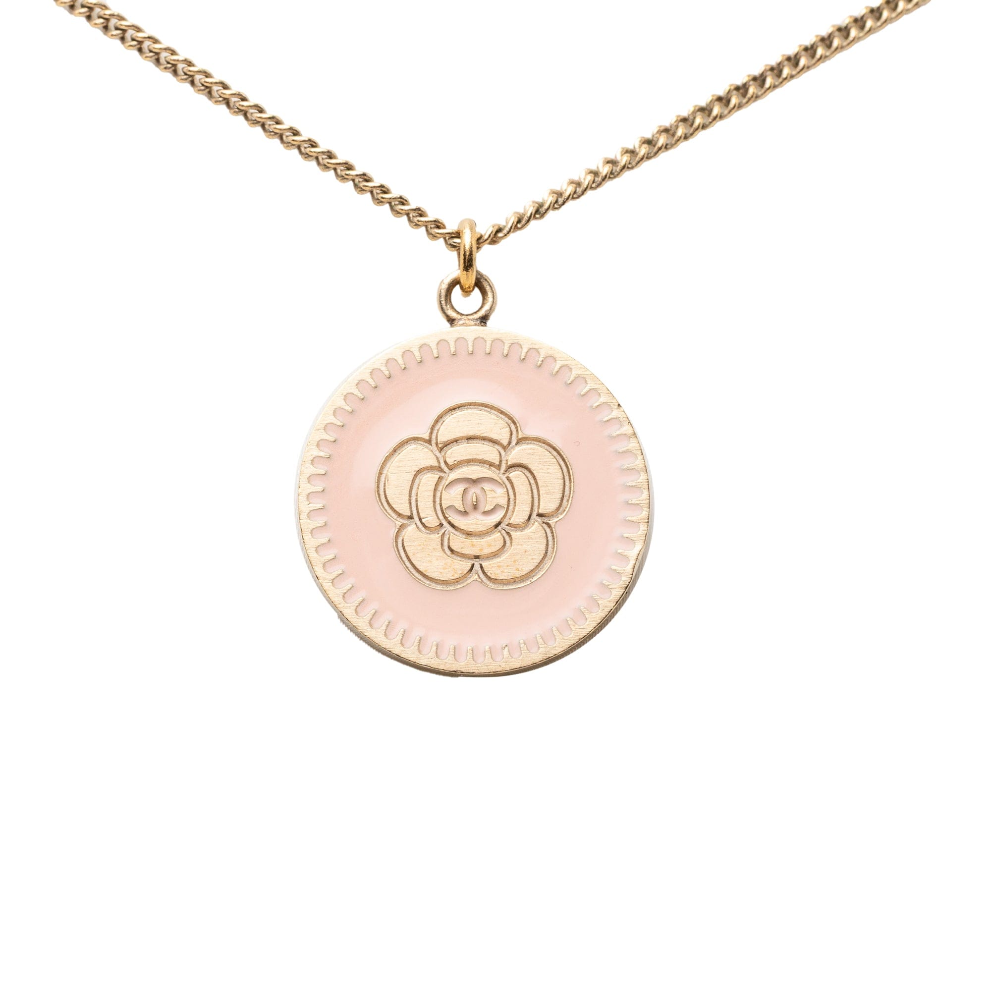Chanel CC Gold Plated Enamel Camellia Round Pendant Necklace