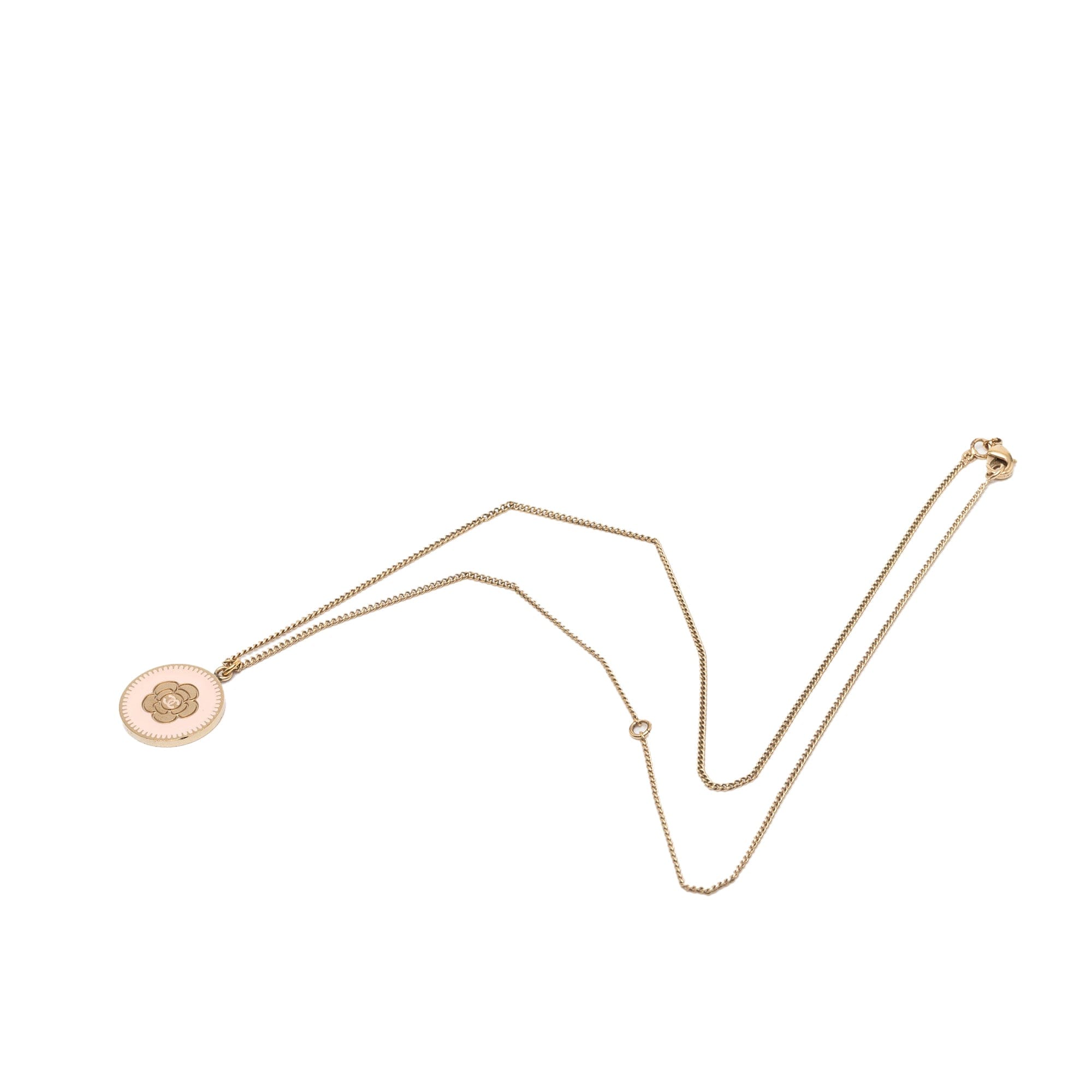 Chanel CC Gold Plated Enamel Camellia Round Pendant Necklace