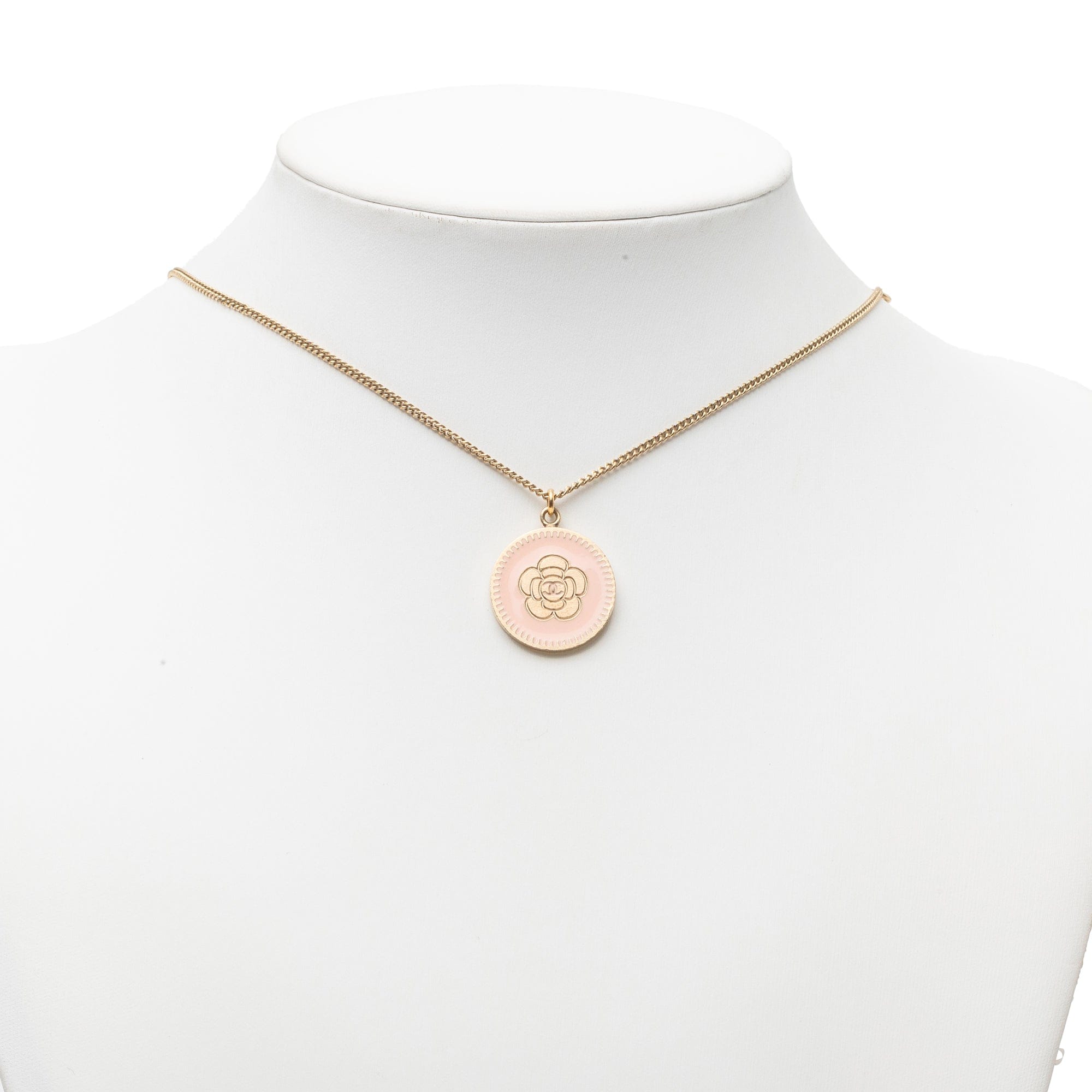 Chanel CC Gold Plated Enamel Camellia Round Pendant Necklace