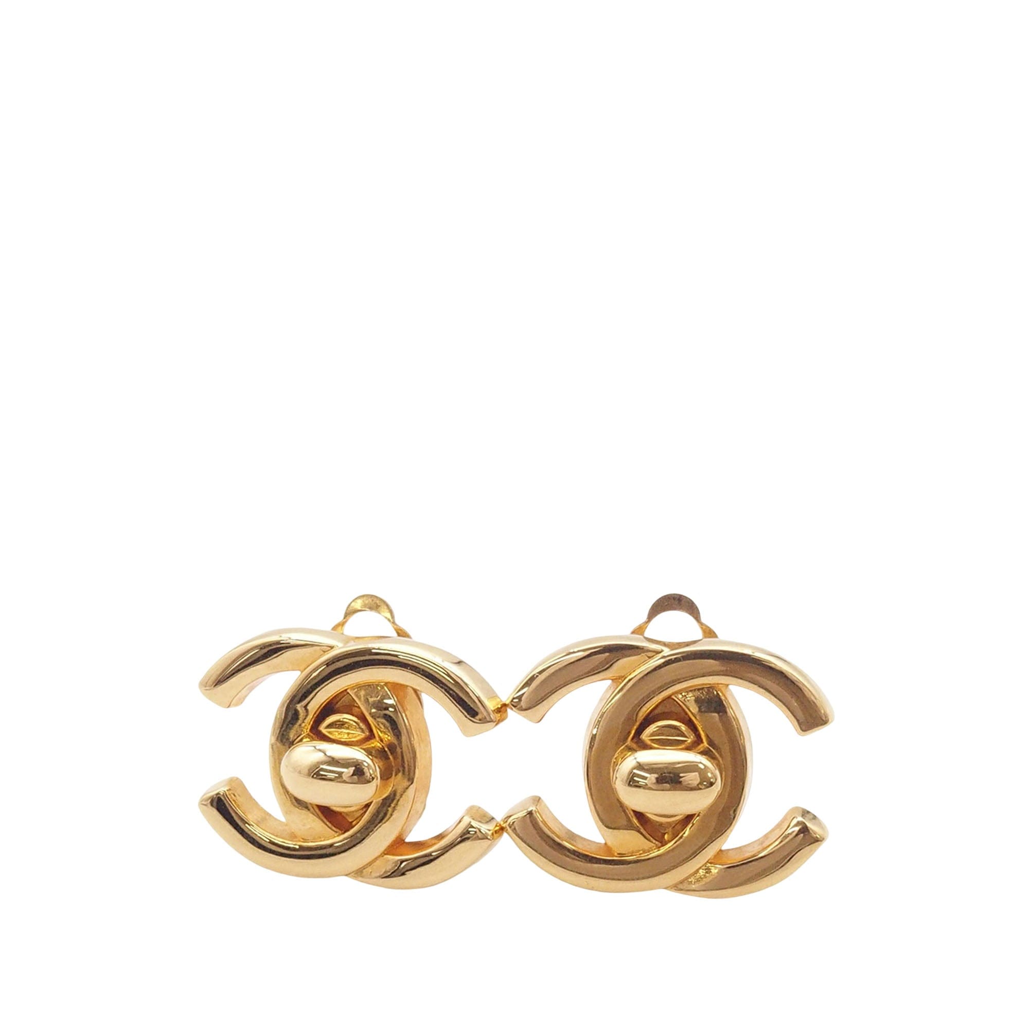 Chanel CC Gold Plated Turn Lock Clip on Earrings