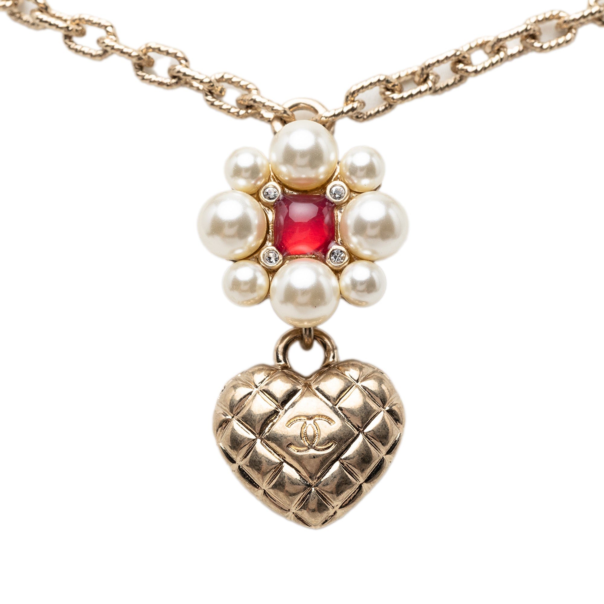 Chanel CC Gold Plated Faux Pearl Flower and Strass Heart Pendant Necklace
