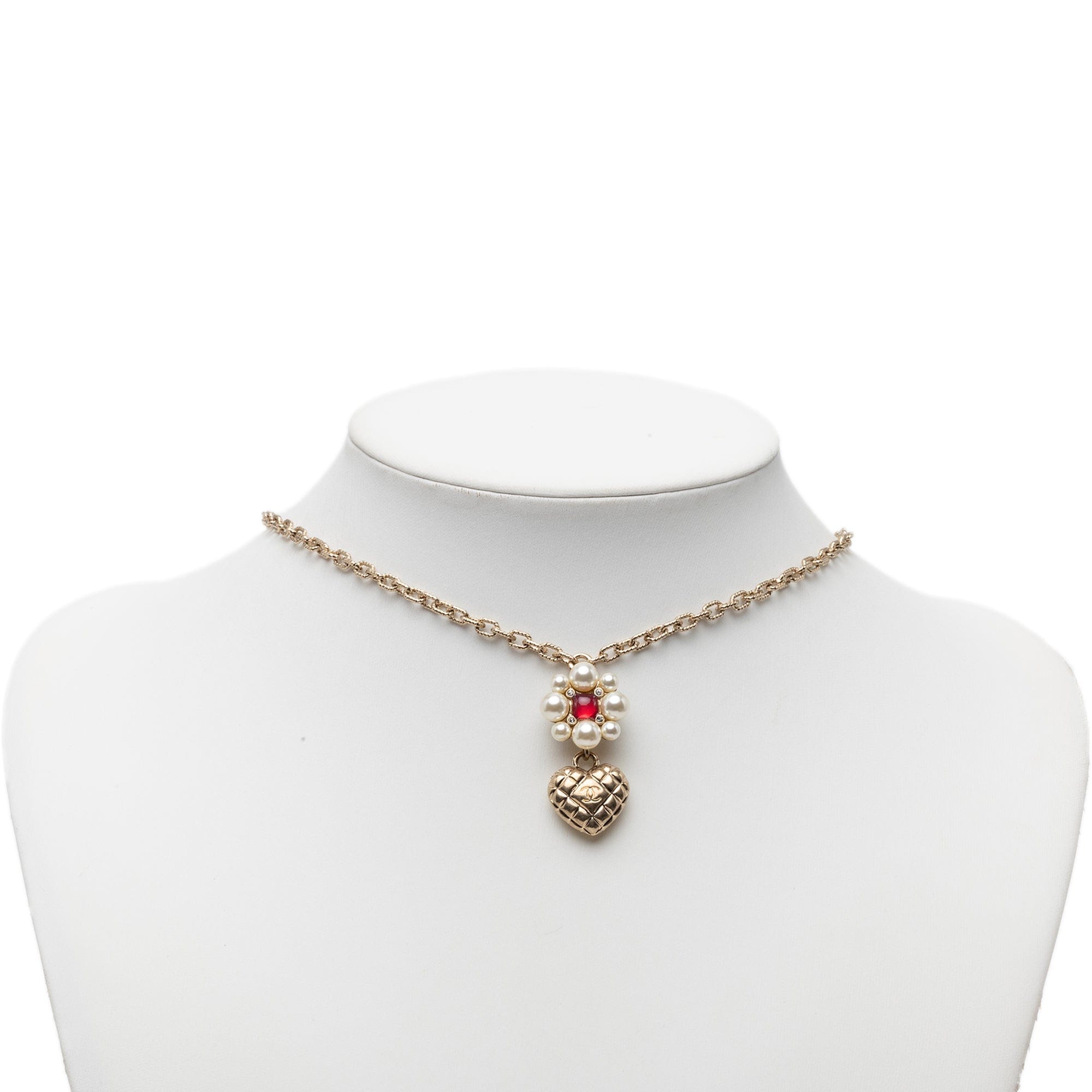 Chanel CC Gold Plated Faux Pearl Flower and Strass Heart Pendant Necklace