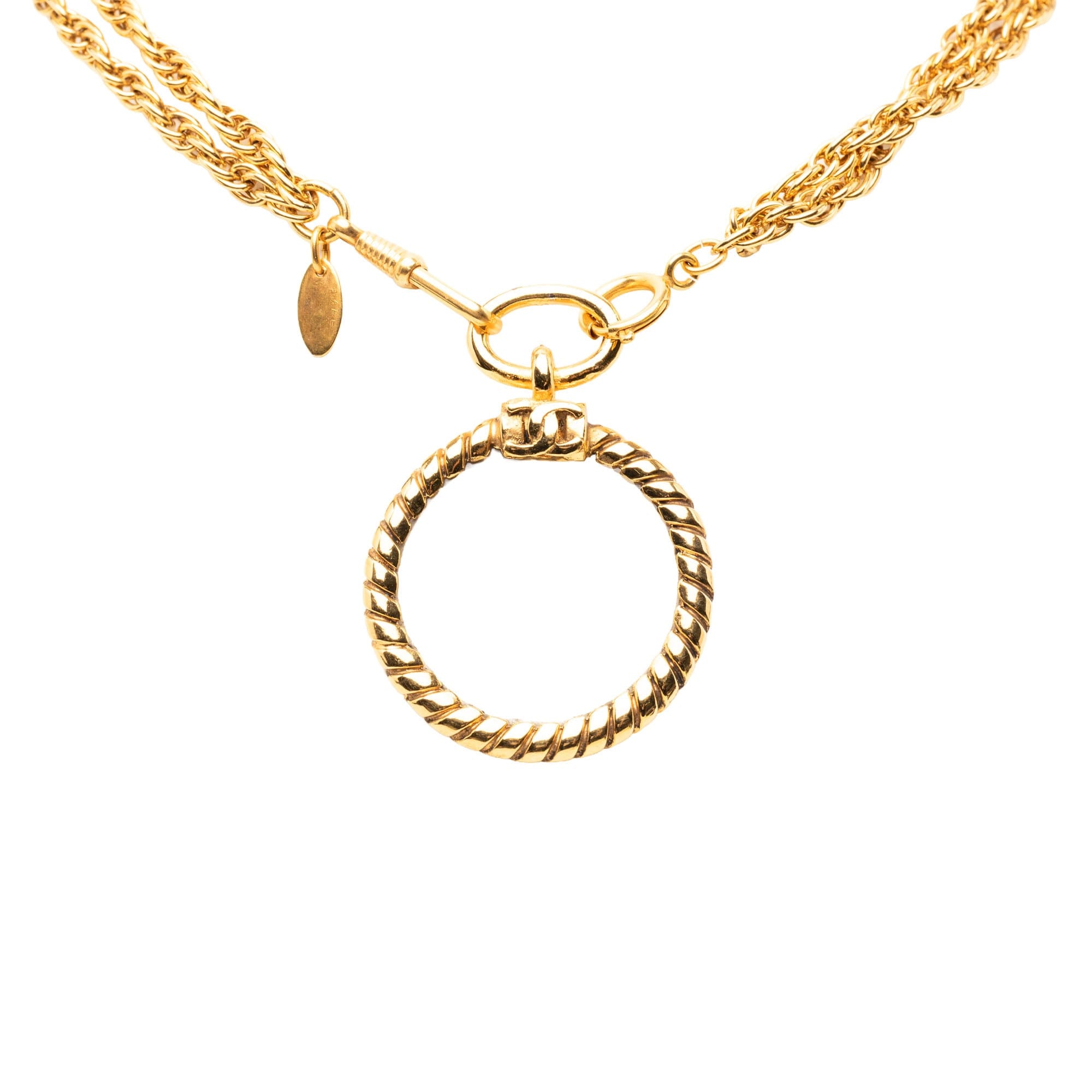 Chanel CC Gold Plated Double Chain Loupe Magnifying Glass Pendant Necklace