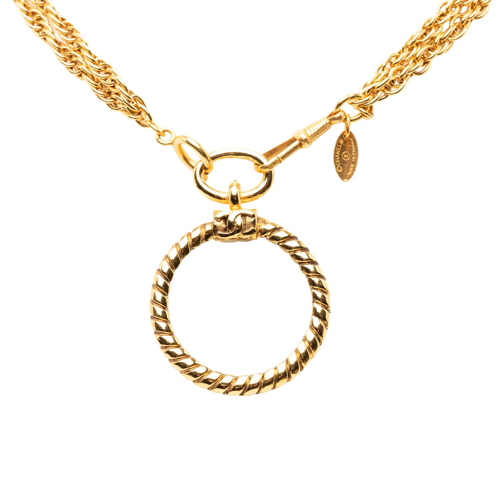 Chanel CC Gold Plated Double Chain Loupe Magnifying Glass Pendant Necklace