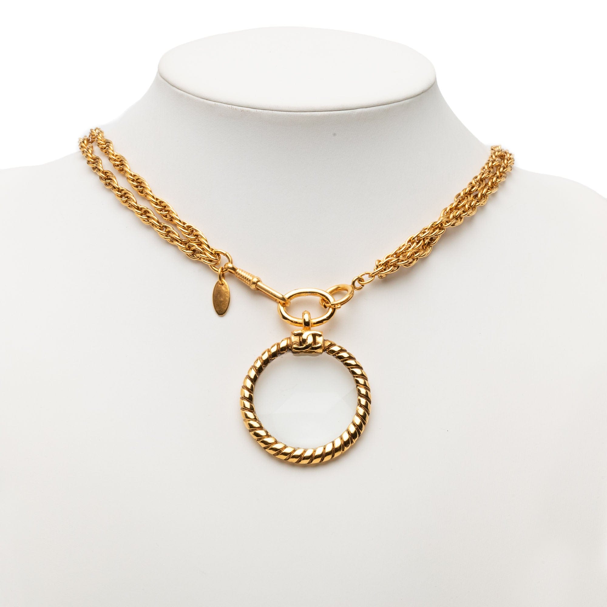 Chanel CC Gold Plated Double Chain Loupe Magnifying Glass Pendant Necklace