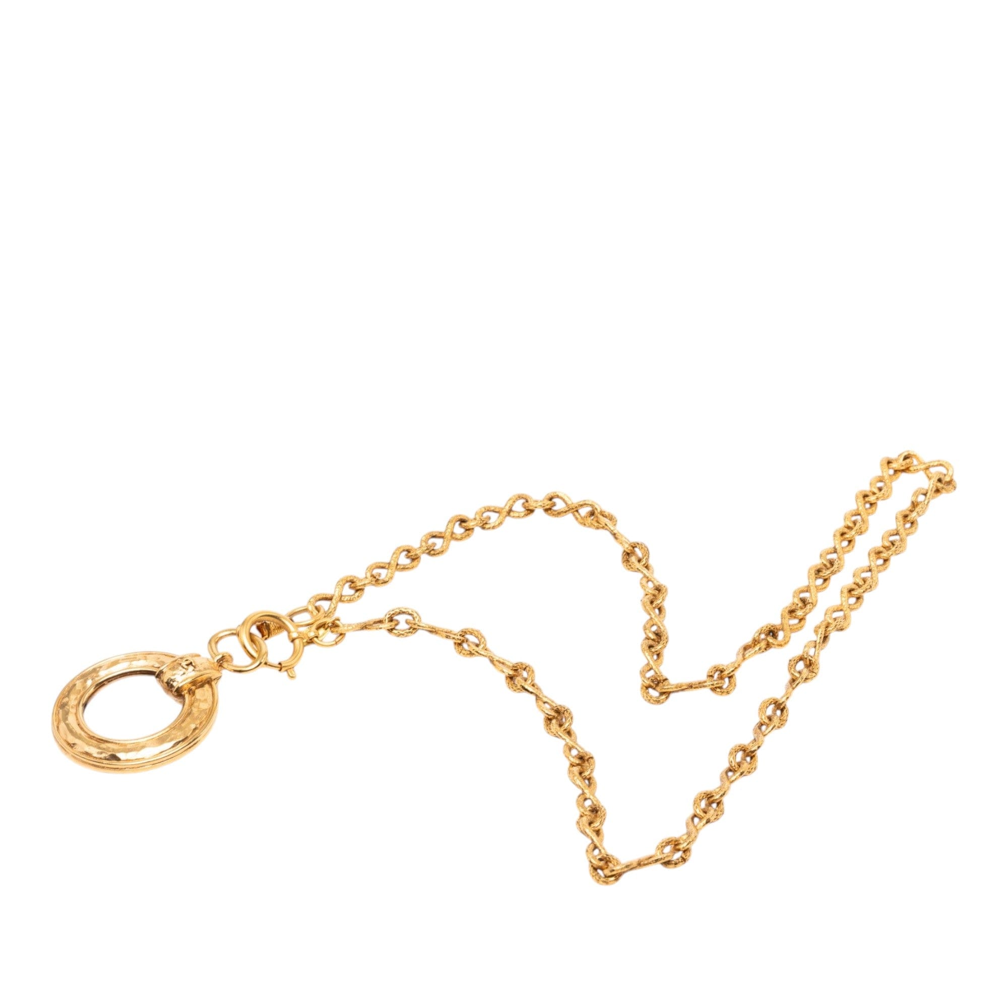 Chanel CC Gold Plated Hammered Round Pendant Necklace