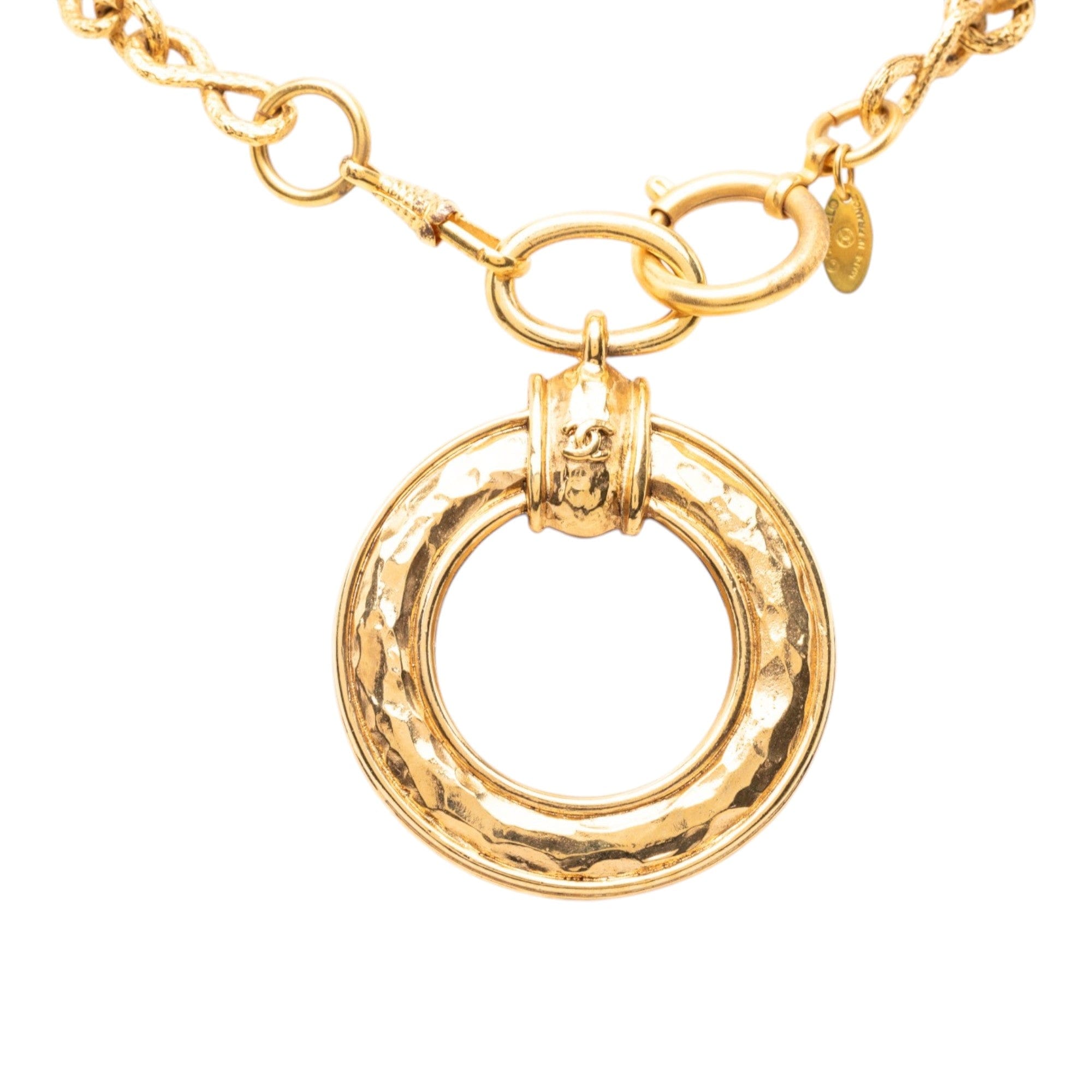 Chanel CC Gold Plated Hammered Round Pendant Necklace