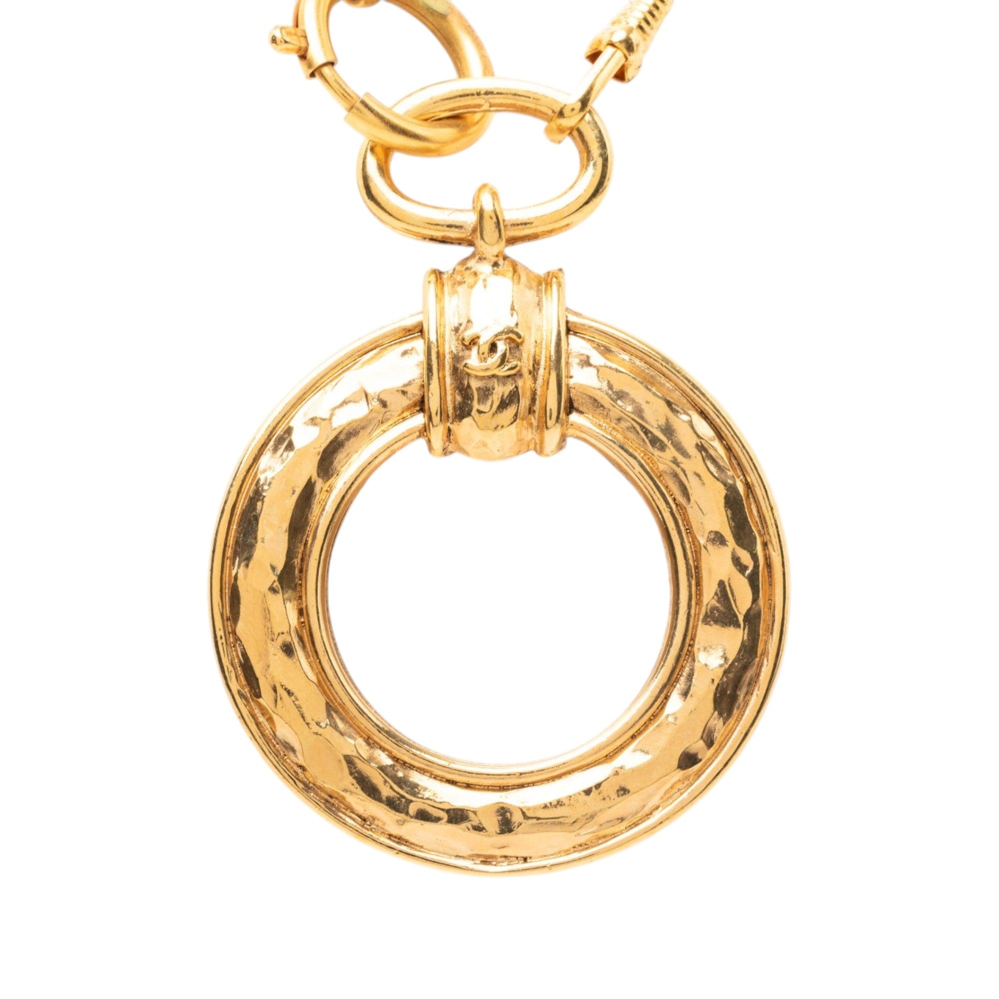 Chanel CC Gold Plated Hammered Round Pendant Necklace