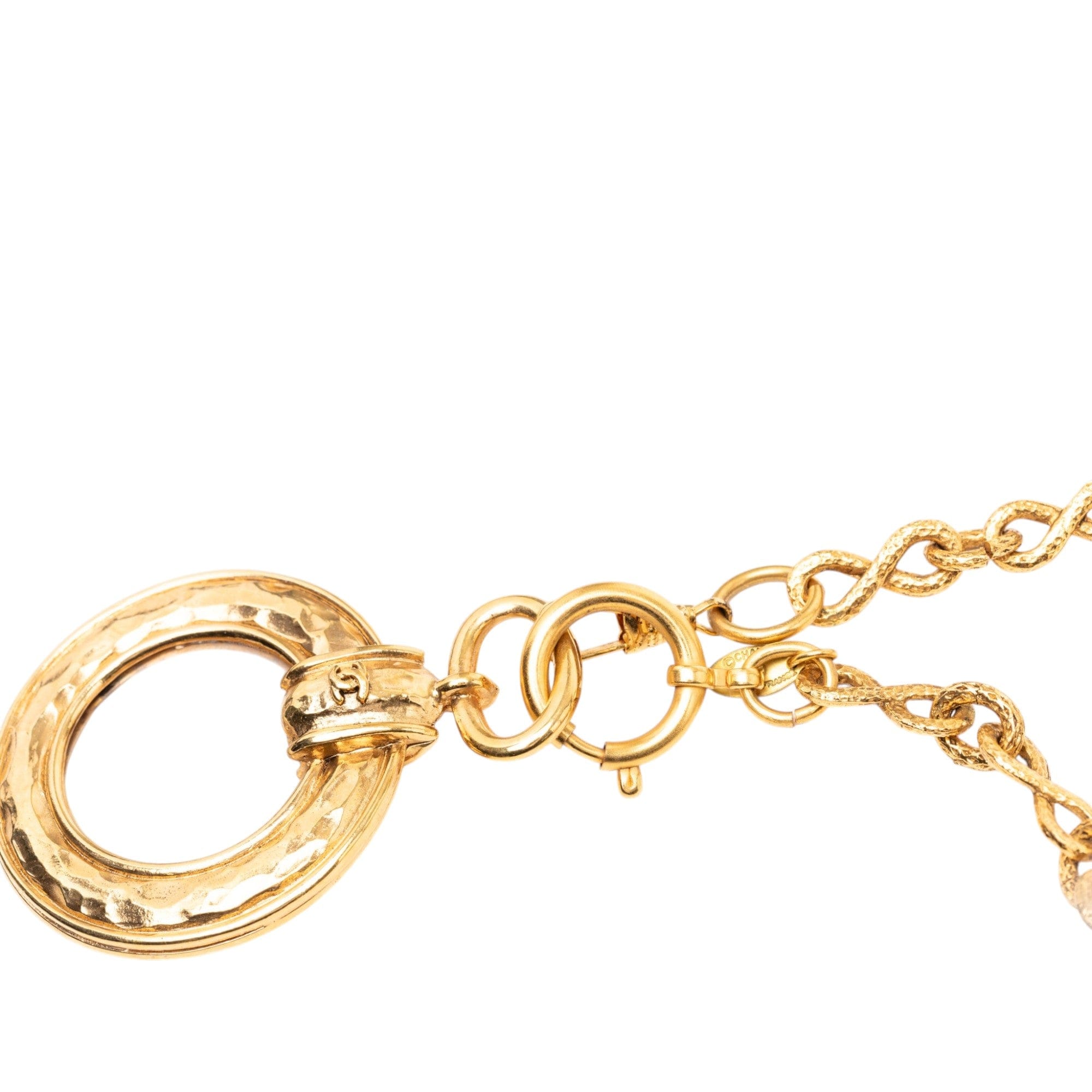 Chanel CC Gold Plated Hammered Round Pendant Necklace