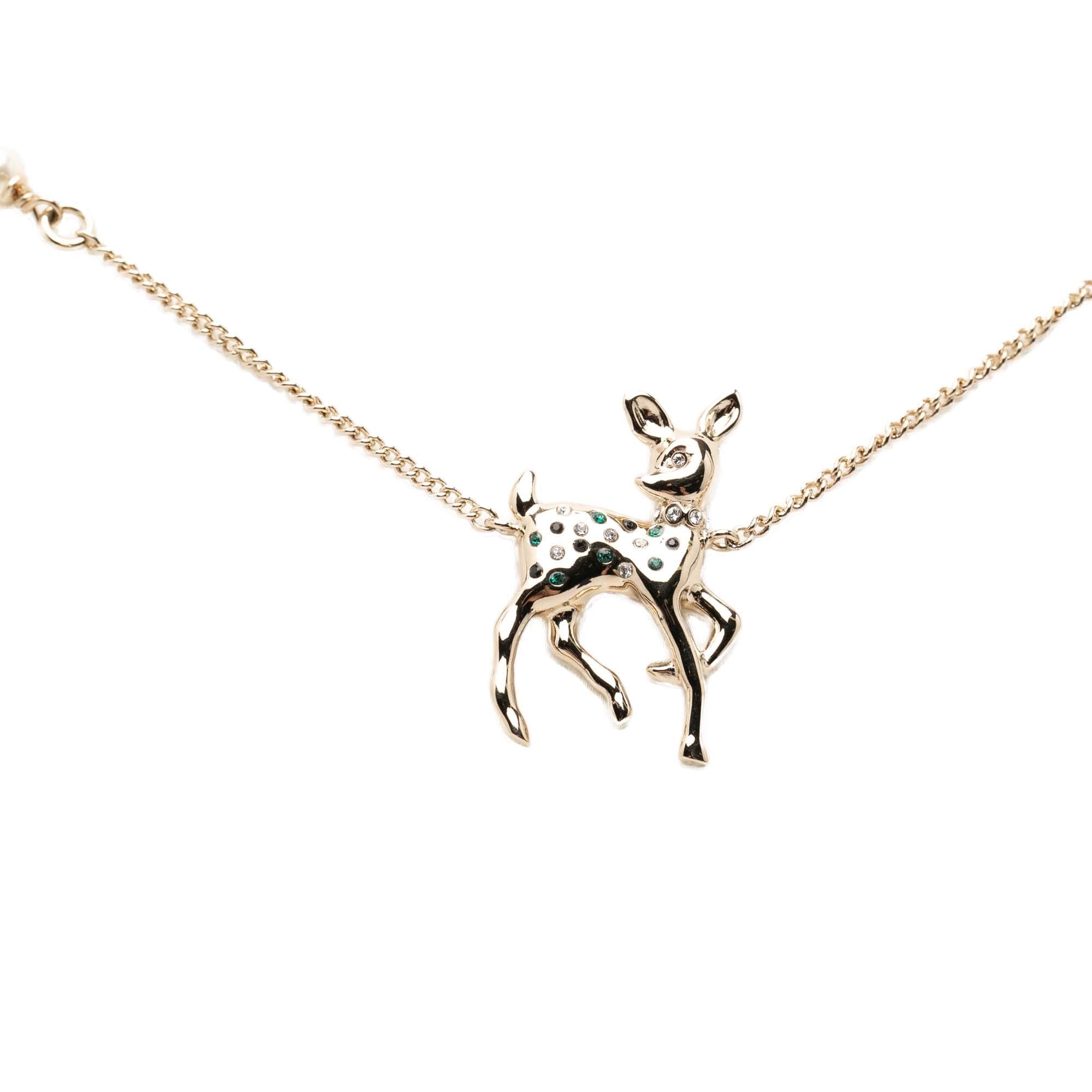 Chanel CC Gold Plated Faux Pearl Strass Deer Pendant Necklace