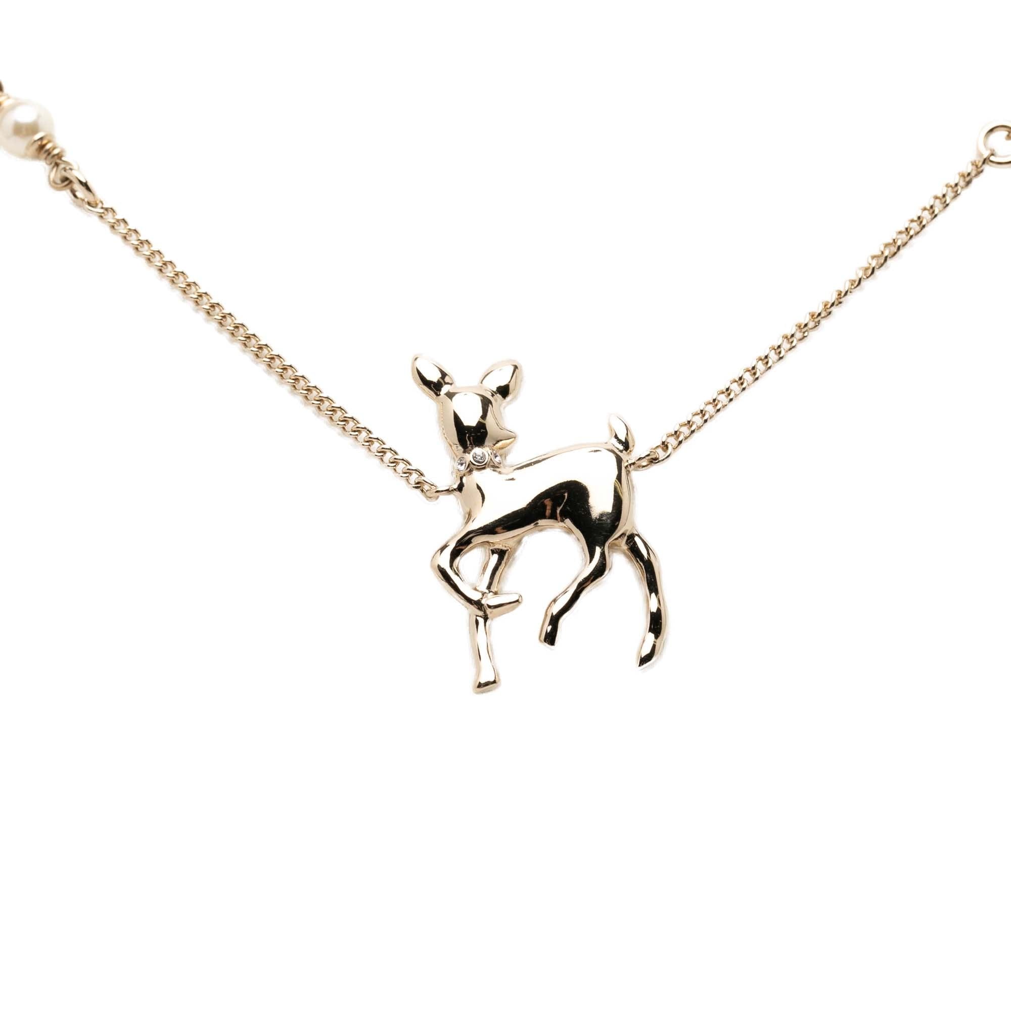 Chanel CC Gold Plated Faux Pearl Strass Deer Pendant Necklace