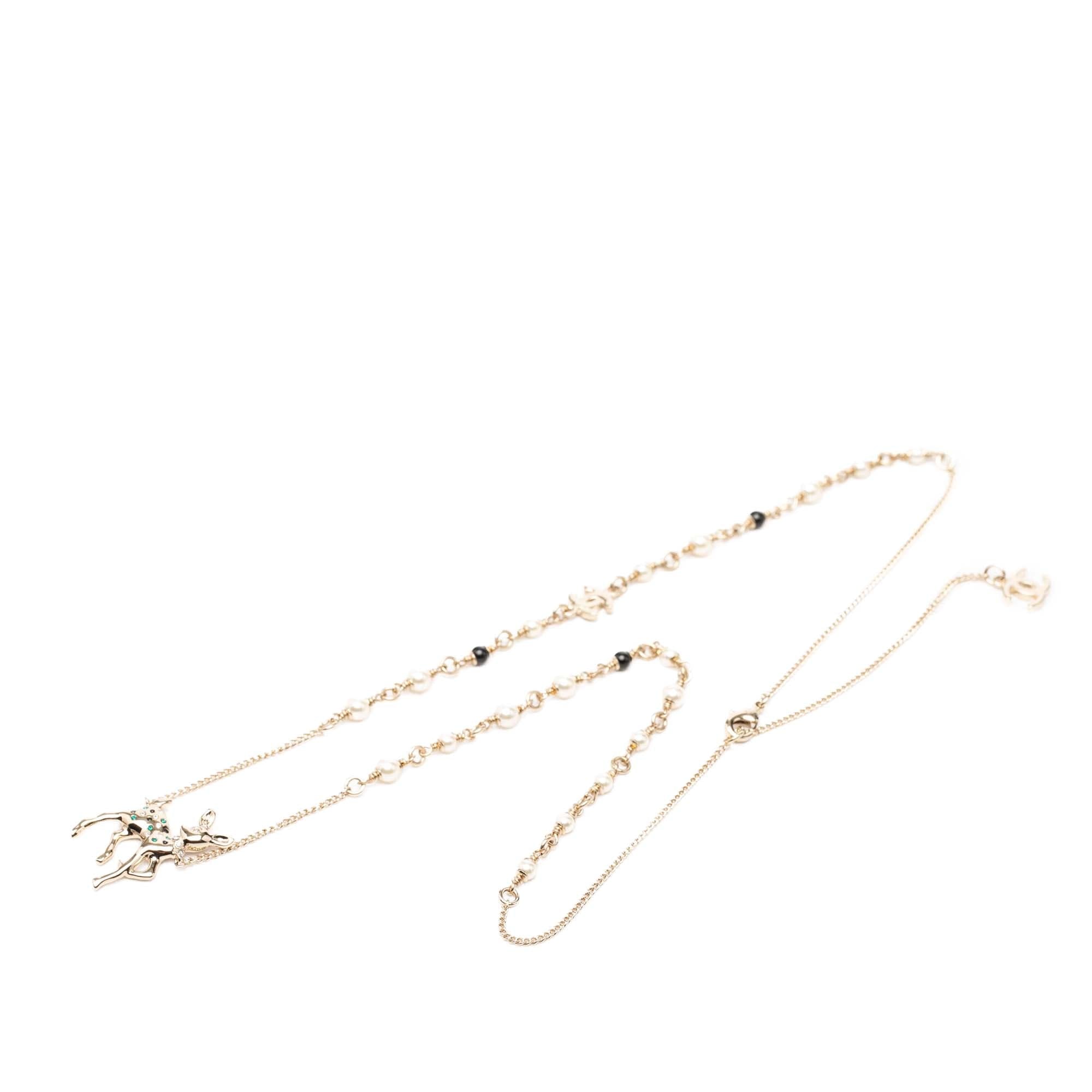 Chanel CC Gold Plated Faux Pearl Strass Deer Pendant Necklace