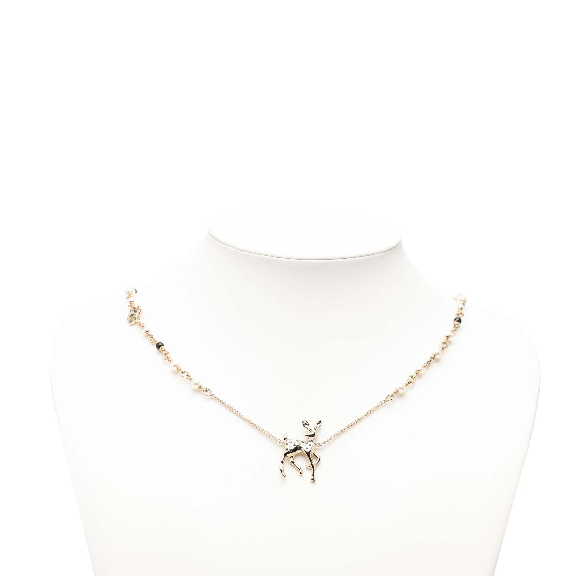 Chanel CC Gold Plated Faux Pearl Strass Deer Pendant Necklace