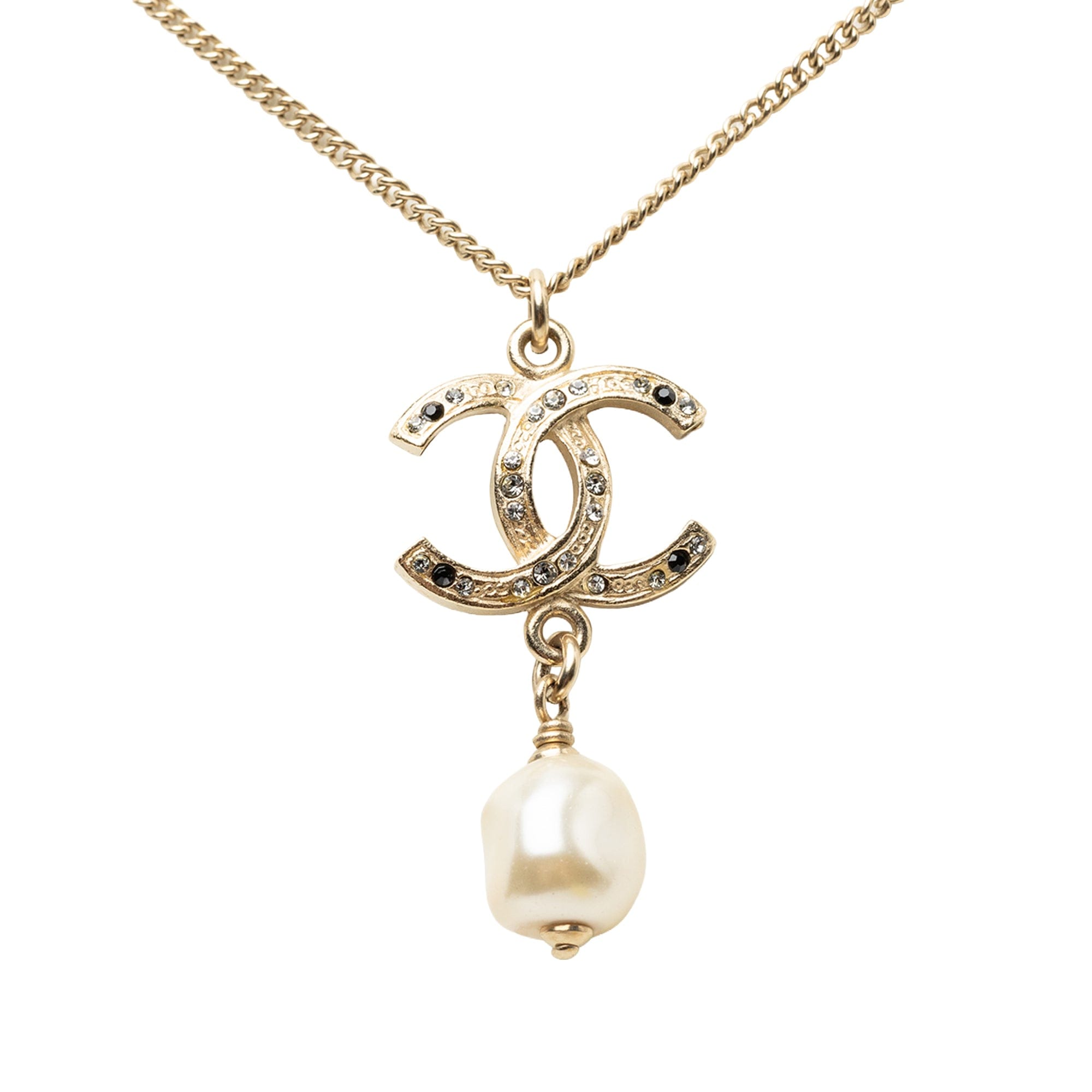 Chanel CC Gold Plated Strass Faux Pearl Drop Pendant Necklace