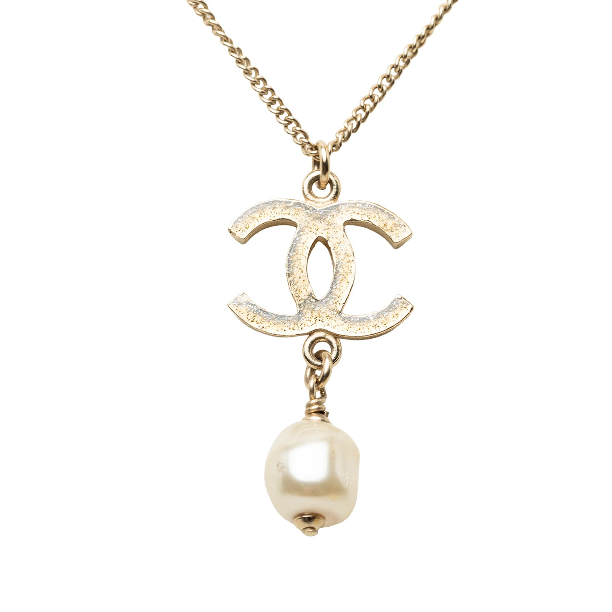 Chanel CC Gold Plated Strass Faux Pearl Drop Pendant Necklace