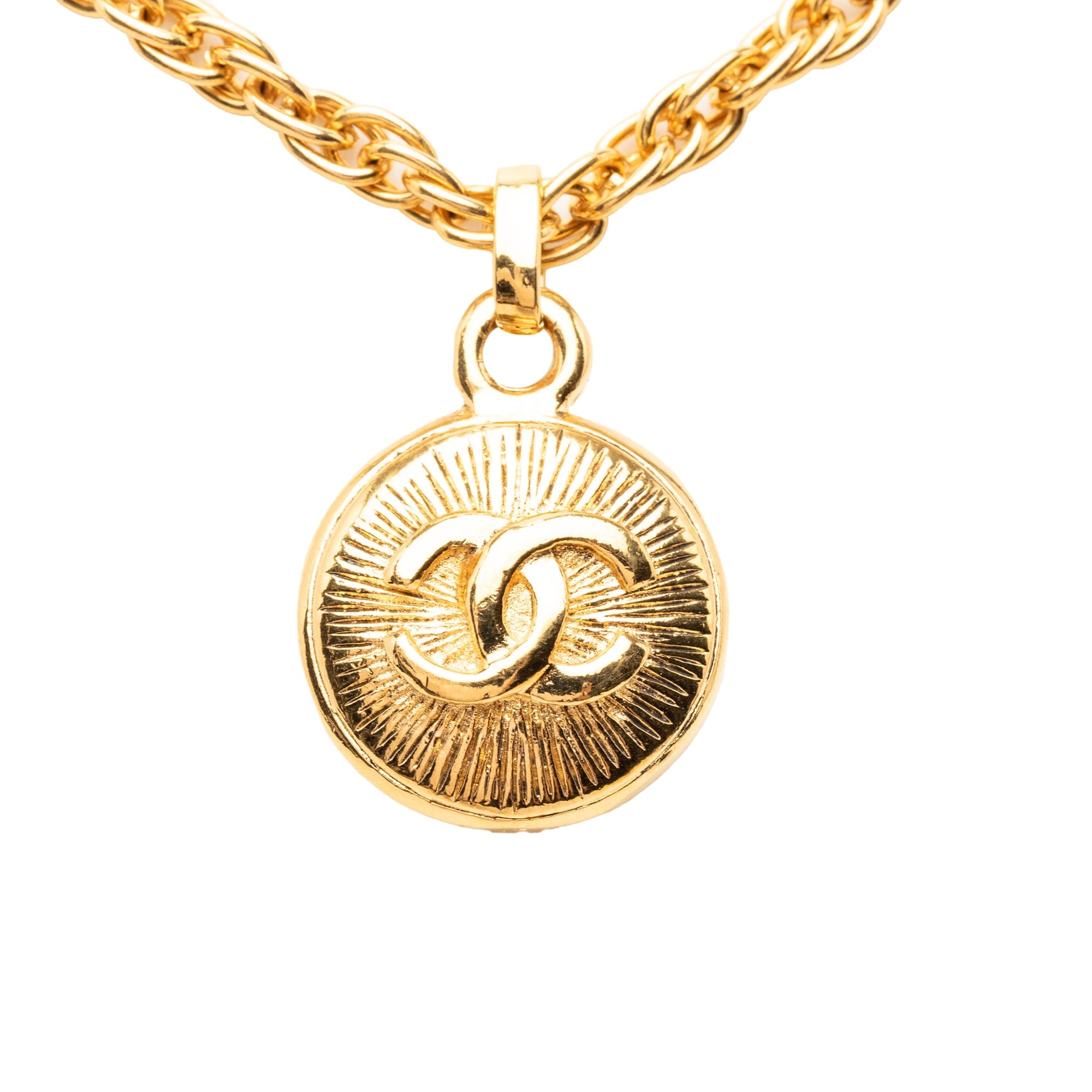 Chanel CC Gold Plated Medallion Sunburst Pendant Necklace